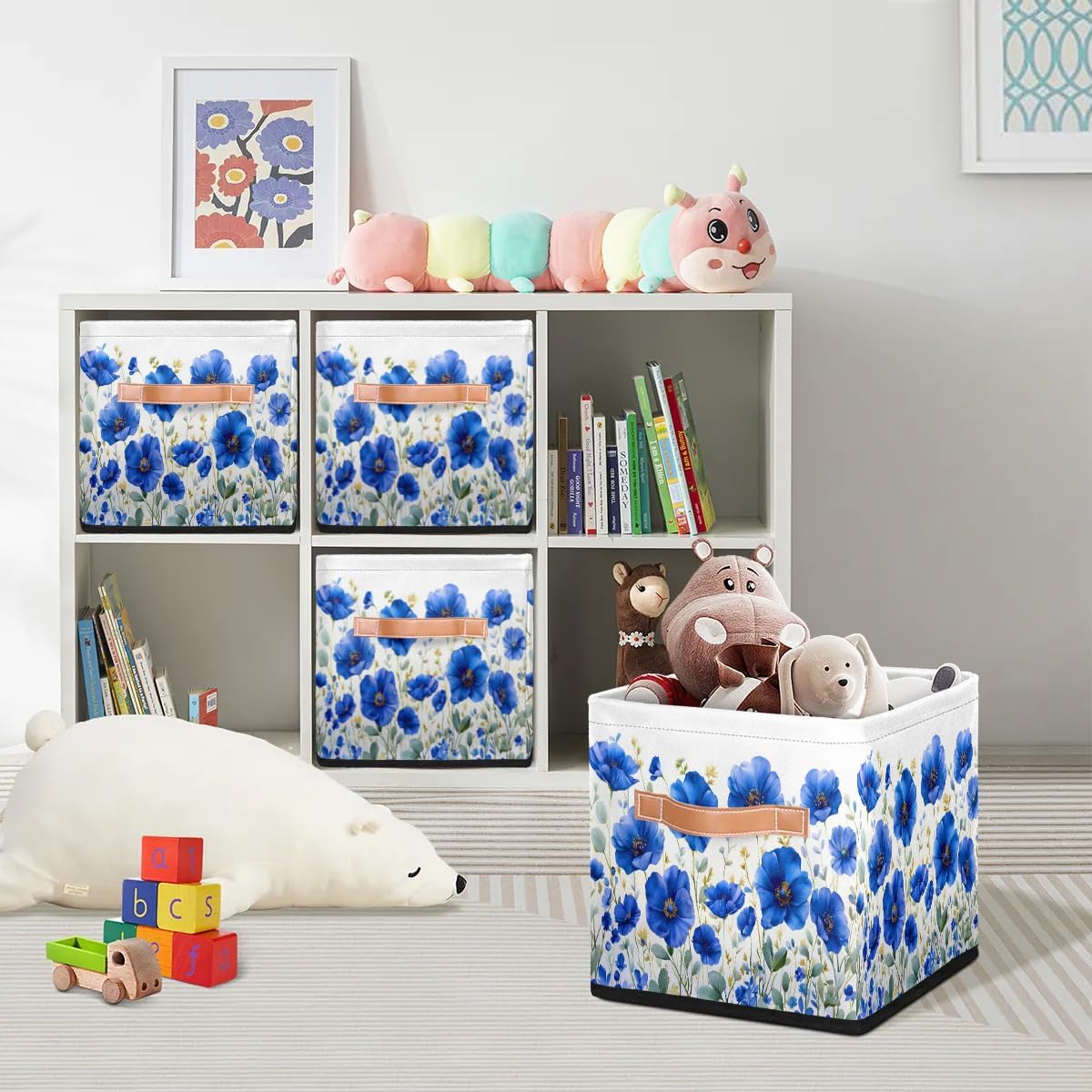 11 Inch Fabric Storage Cube with Handles, Navy Blue Flower Collapsible Storage Basket for Shelves, Square Storage Bin Canvas Closet Organizer for Decor
