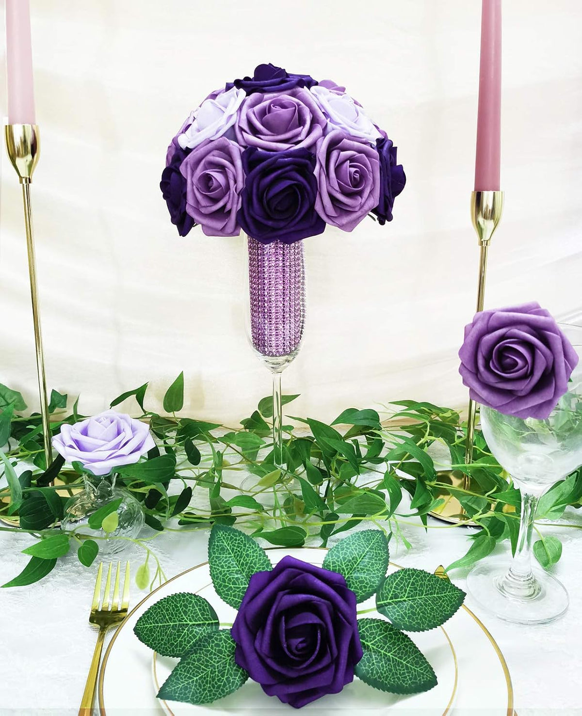 Artificial Flowers 25PCS Real Looking Ombre Colors Purple Fake Roses with Stem for DIY Wedding Bouquets Centerpieces Baby Shower Party Home Decorations