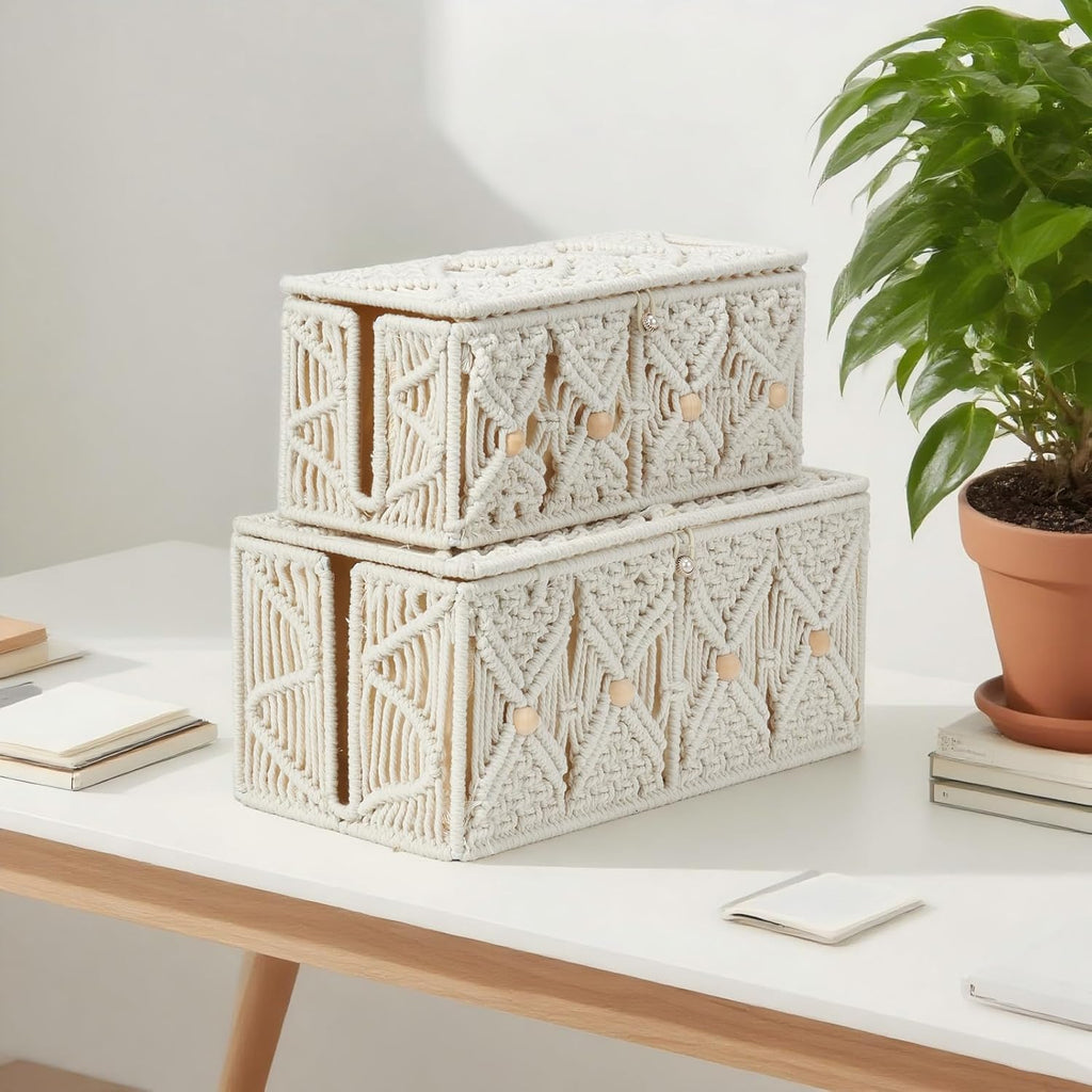 2PCS Cable Management Box Handmade Macrame Cord Organizer Basket