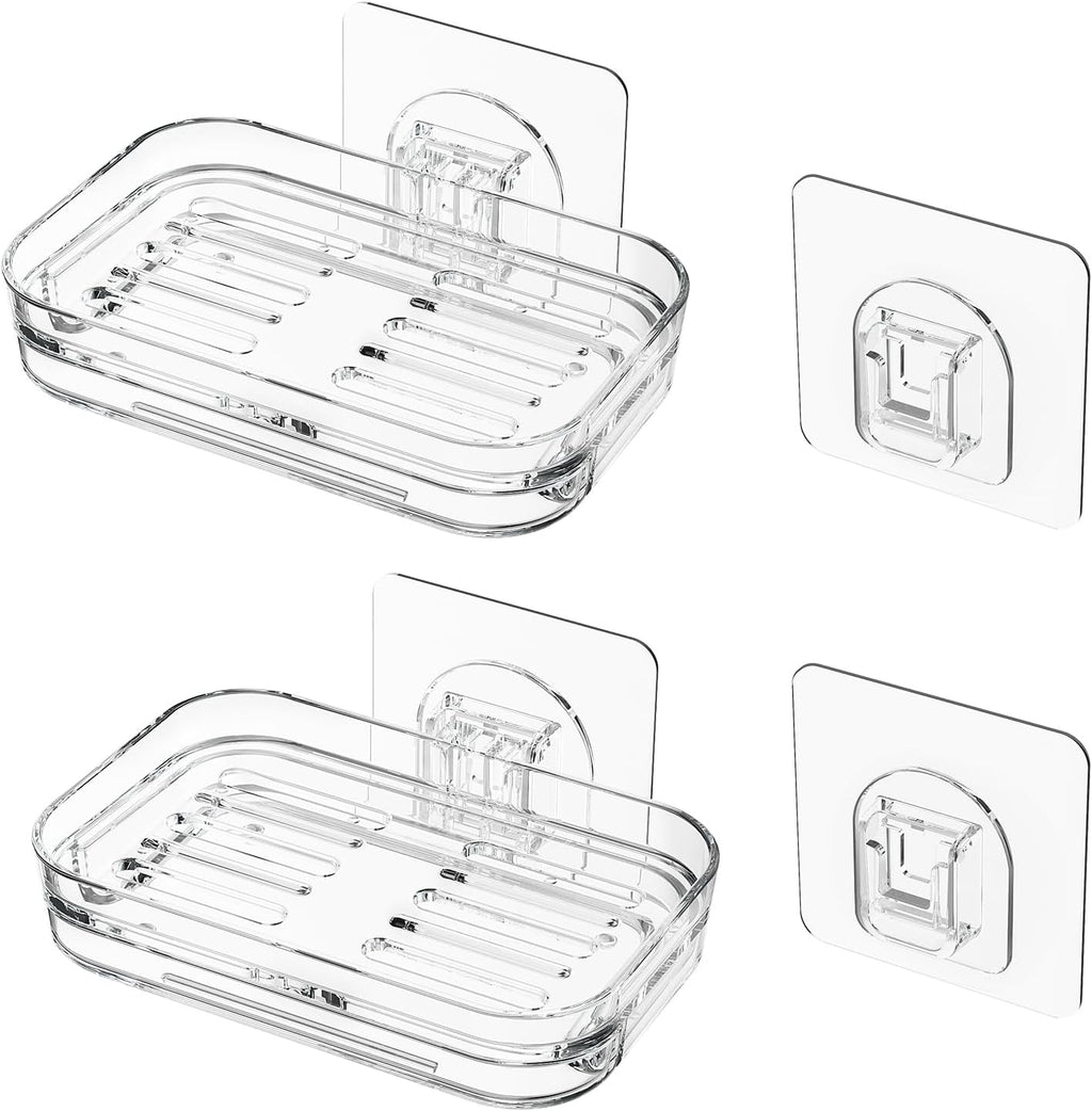 Bar Soap Dish 2 Pack,Self Draining Soap Holder for Shower,Wall Mounted Soap Saver with Strong Adhesive, No Drilling Clear Plastic Holder for Bathroom Storage & Kitchen Sink Organizer,Keeps Soap Dry