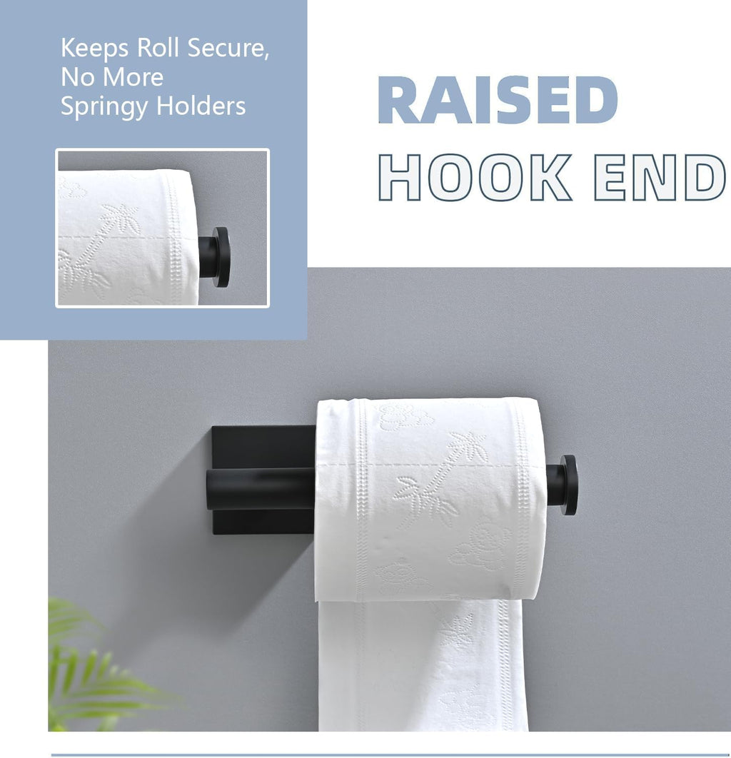 Toilet Paper Holder Set with 2 Robe Hooks, Matte Black