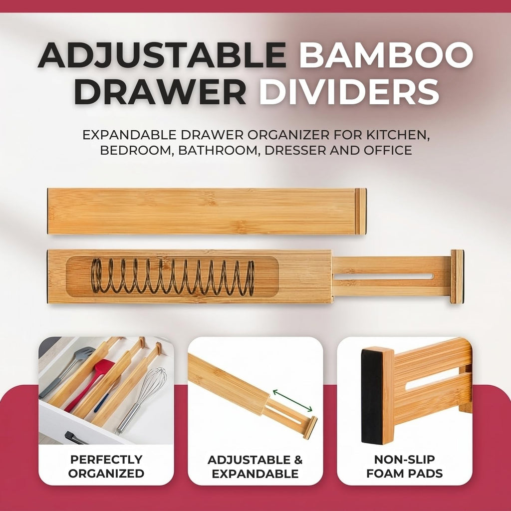Adjustible Draw Divider, Adjustable Expandable Drawer Organizer with Spring Loaded Design, Bamboo Drawer Separators for Kitchen, Dresser, Bedroom, Bathroom & Office- 6 pack