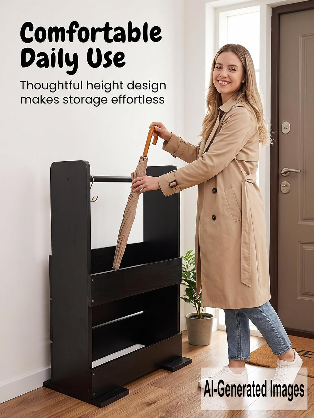 Solid Wood Umbrella Stand with Removable Drip Tray 5 Hooks