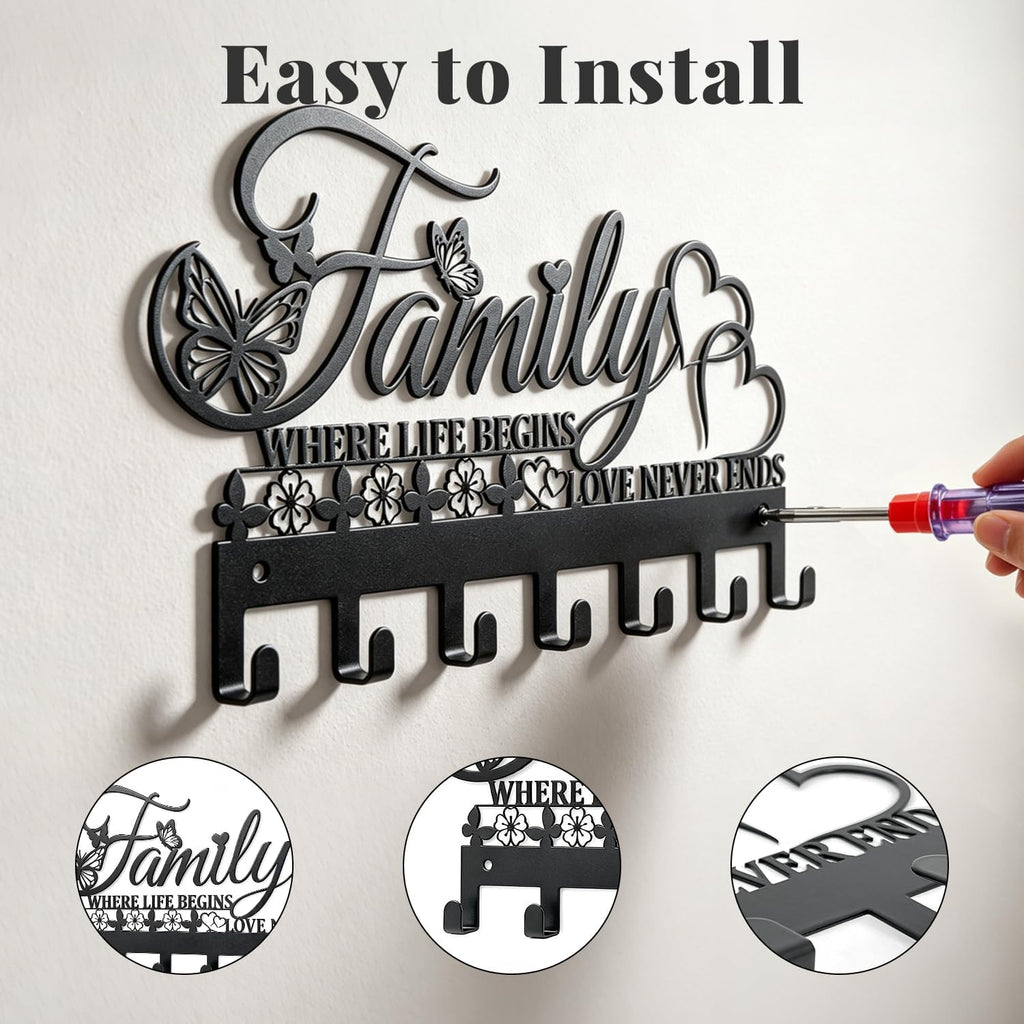 Keys Holder on Wall, Decorative Metal Hanger with 7 Hooks, Black