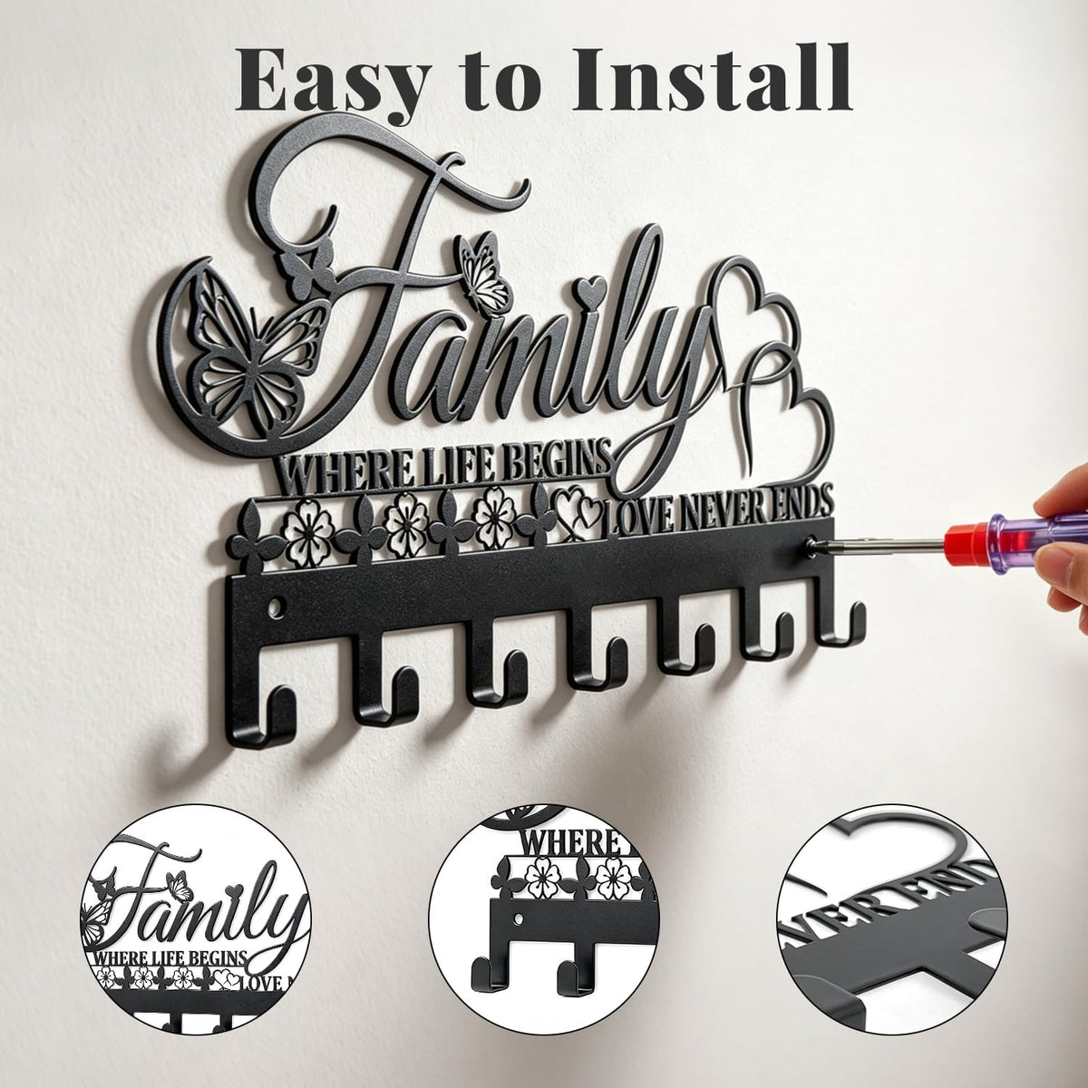 Keys Holder on Wall, Decorative Metal Hanger with 7 Hooks, Black