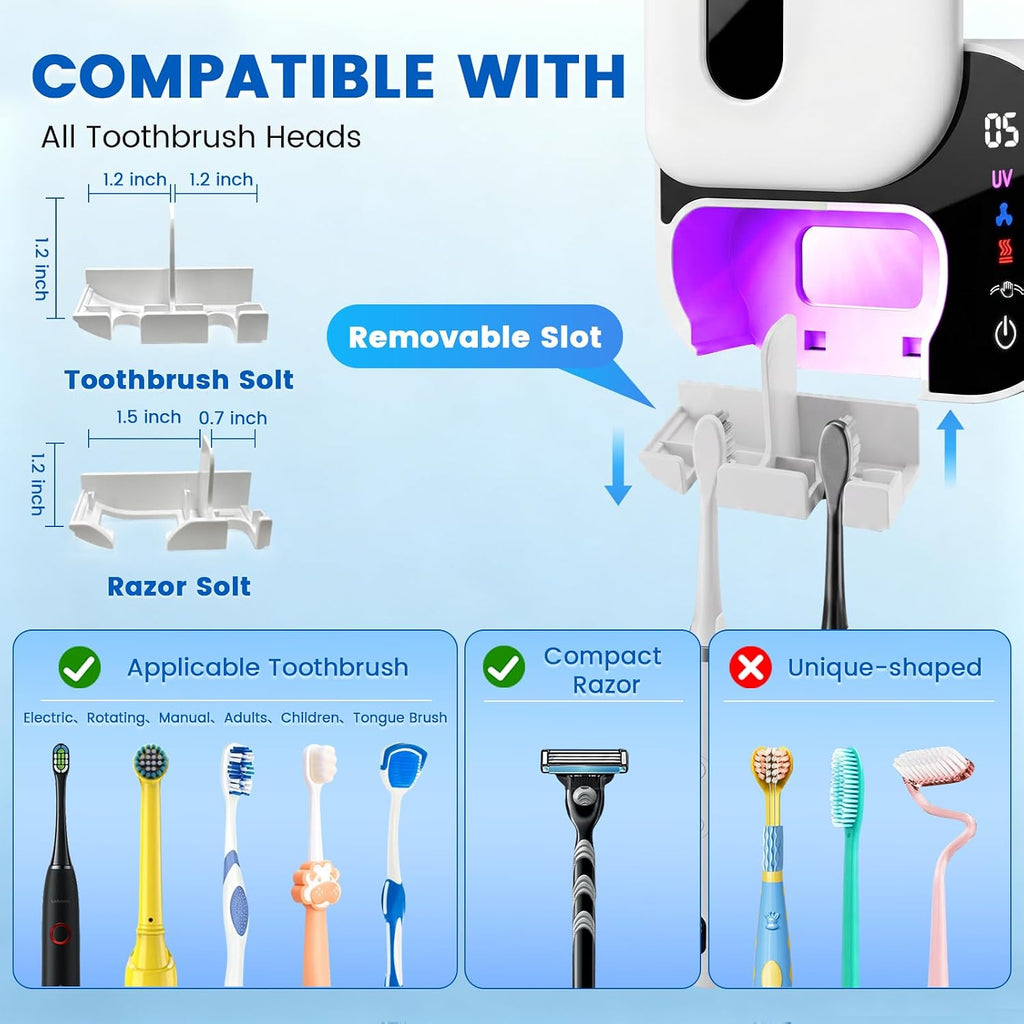 Toothbrush Holder for Bathroom, Infrared Sensing Toothbrush Cleaner with 2 Slots for Most Toothbrush Sizes, Wall Mounted Tooth Brush Holder with LED Smart Display & Hot Air Drying for Travel (White)