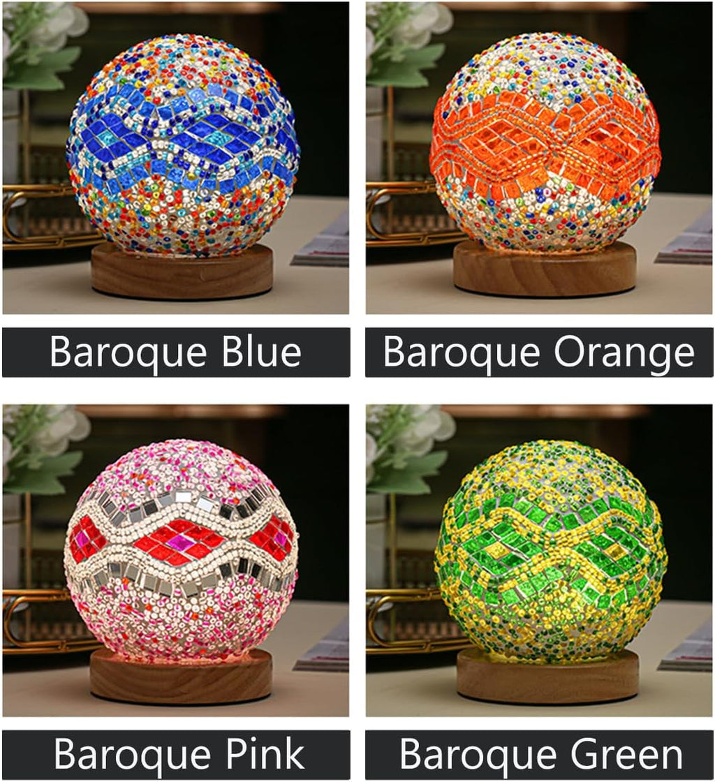 Turkish Table lamp (D:4.7" x H:5.2"),Mosaic Glass Lamps with Wooden Base, Bohemian Tiffany Bedside Lamps, USB power Moroccan Lantern for Living Room Halloween Decorations (Baroque - Blue, Baroque)
