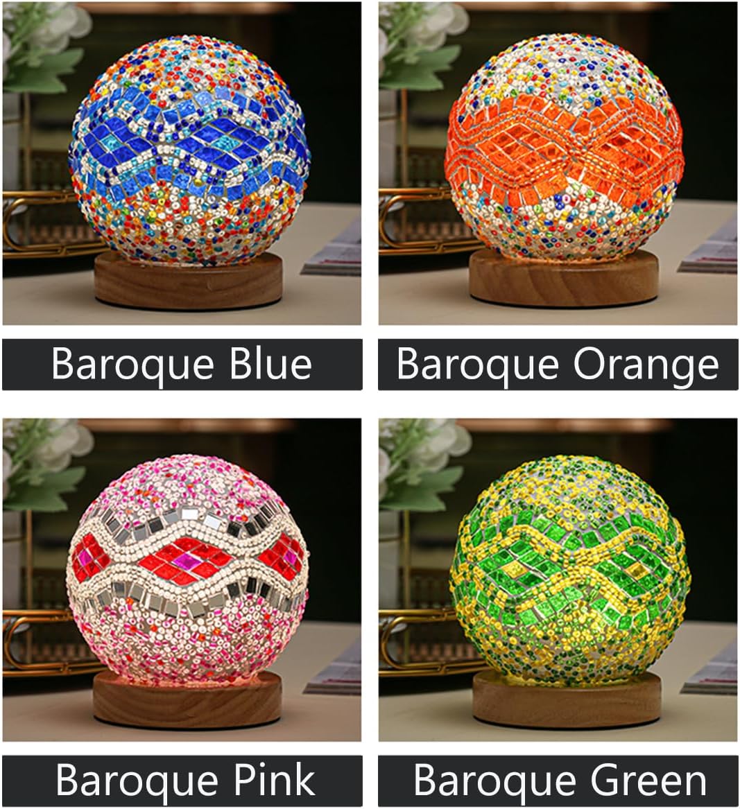 Turkish Table lamp (D:4.7" x H:5.2"),Mosaic Glass Lamps with Wooden Base, Bohemian Tiffany Bedside Lamps, USB power Moroccan Lantern for Living Room Halloween Decorations (Baroque - Blue, Baroque)
