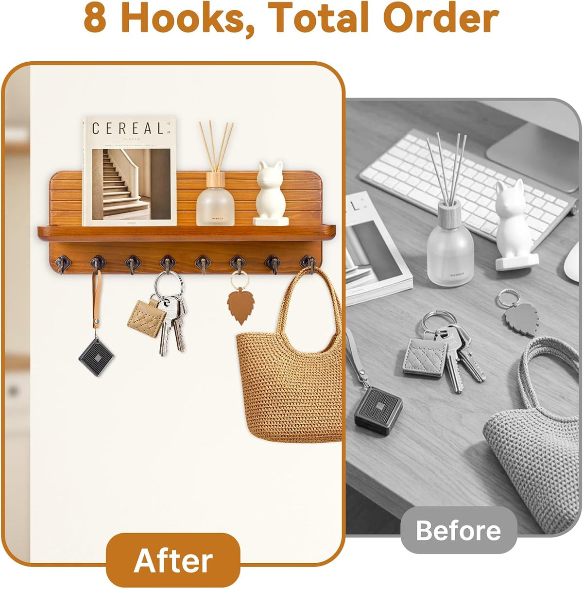 Key Holder for Wall, Mail Organizer Wall Mount with 8 Hooks Wooden Hanging Key Rack for Home Decor, Hallway, Entryway (Yellow)