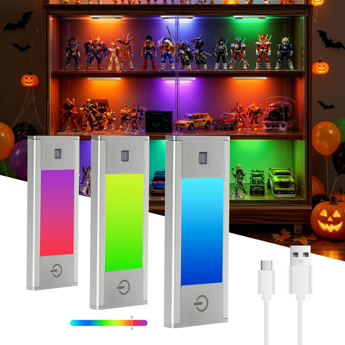 V4light Rechargeable Motion Sensor Night Light, 3-Pack Silver, RGB-6 Halloween Edition — Ultra-Thin Painted Aluminum Alloy, Magnetic Mount, 6 Eerie Colors for Haunted Pathways, Spooky Decor