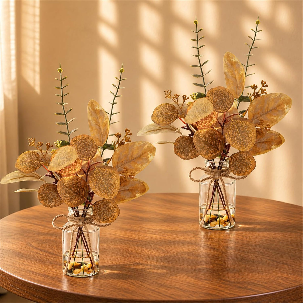 2 Packs 14" Fall Artificial Eucalyptus Stems in Glass Vase with Faux Water