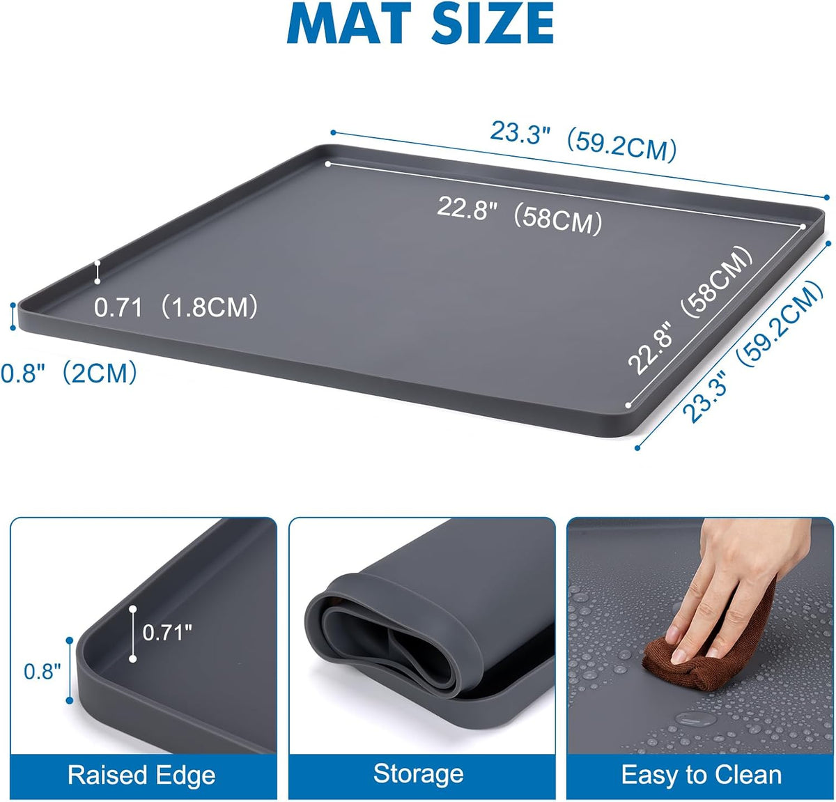 23.3"x23.3"x0.8" Silicone Mini Fridge Mat, AC Drip Pan Protector, Grey