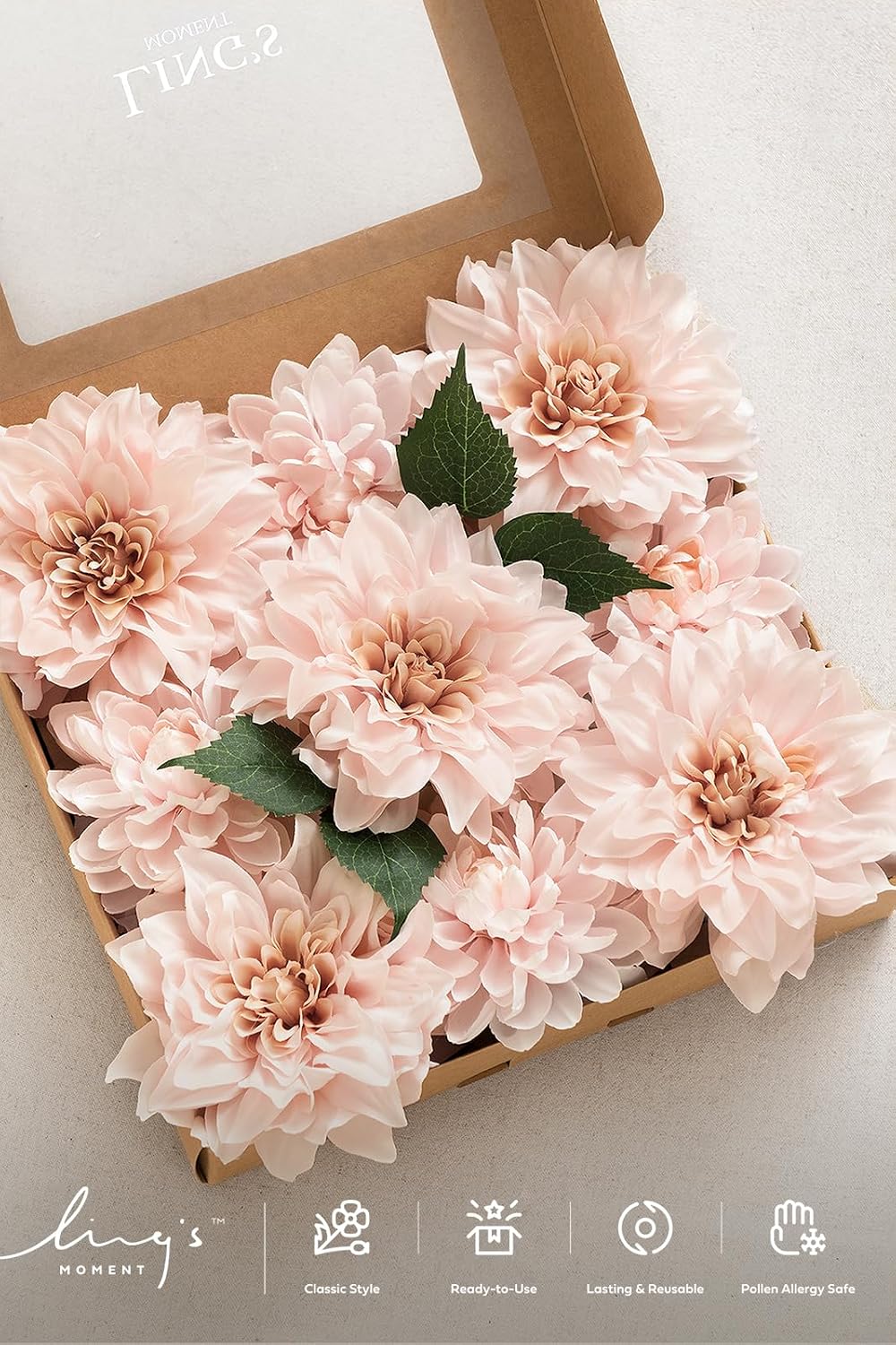 Ling's moment Blush Artificial Dahlias, Silk Wedding Flowers, 9 pcs