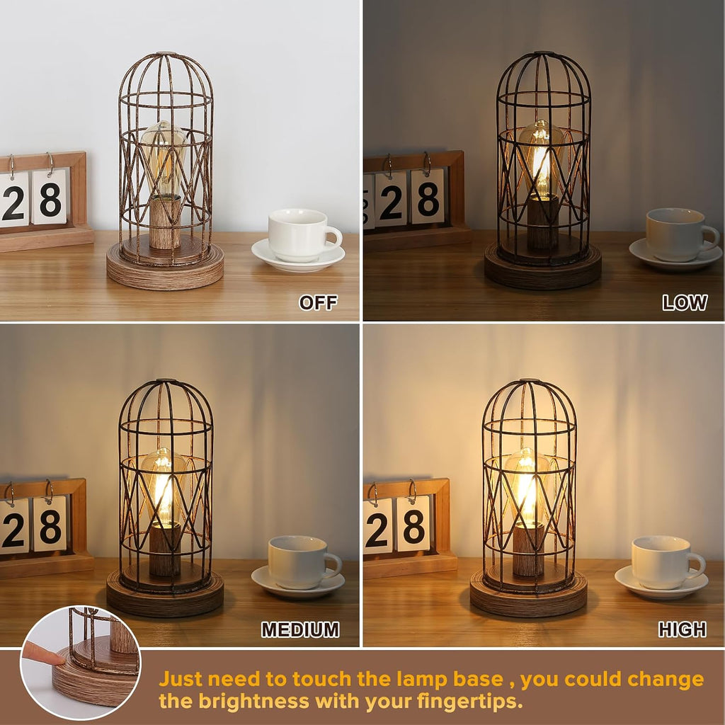 Touch Table Lamp, Industrial Desk Lamp with Rustic Wood Metal Cage Shade