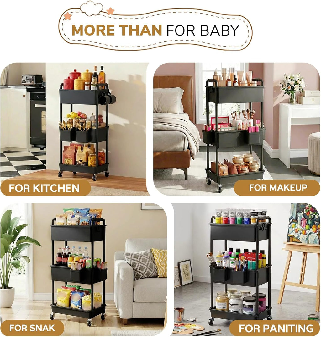 Goovilla Diaper Cart with Lockable Wheels and Easy Assembly, 3 Tier Black