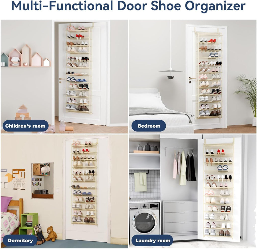 Whitmor 36 Pair Over the Door Shoe Rack,12 Tier Hanging Shoe Organizer with Metal Frame & Mesh Shelves, Heavy Duty Shoe Storage Holder for Door, No Drill Installation, 74" H x 21.7" W x 7.5" D, Beige