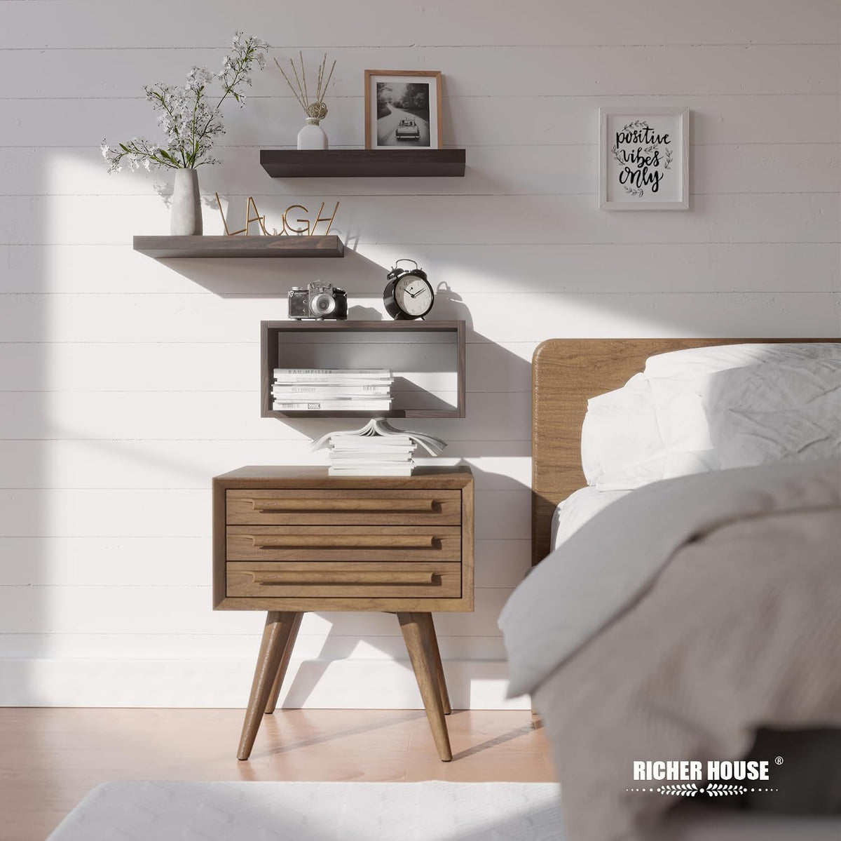RICHER HOUSE 3-Set Walnut Floating Wall Shelves, Bathroom Shelf Over Toilet