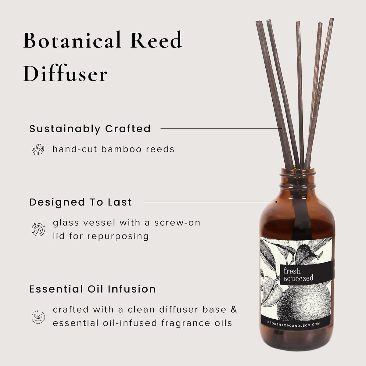 Broken Top Fresh Squeezed Natural Reed Diffuser Set | Continuous, Flame-Free Fragrance for Any Room, no Plug Needed