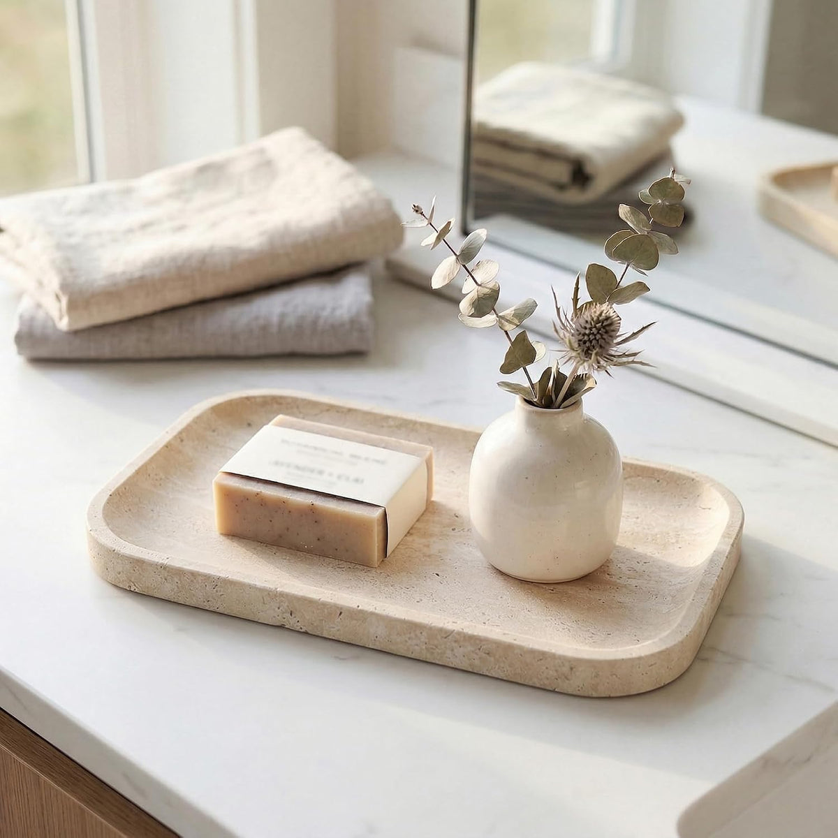 Natural Italian Travertine Tray Rectangular Decorative Marble Vanity Tray
