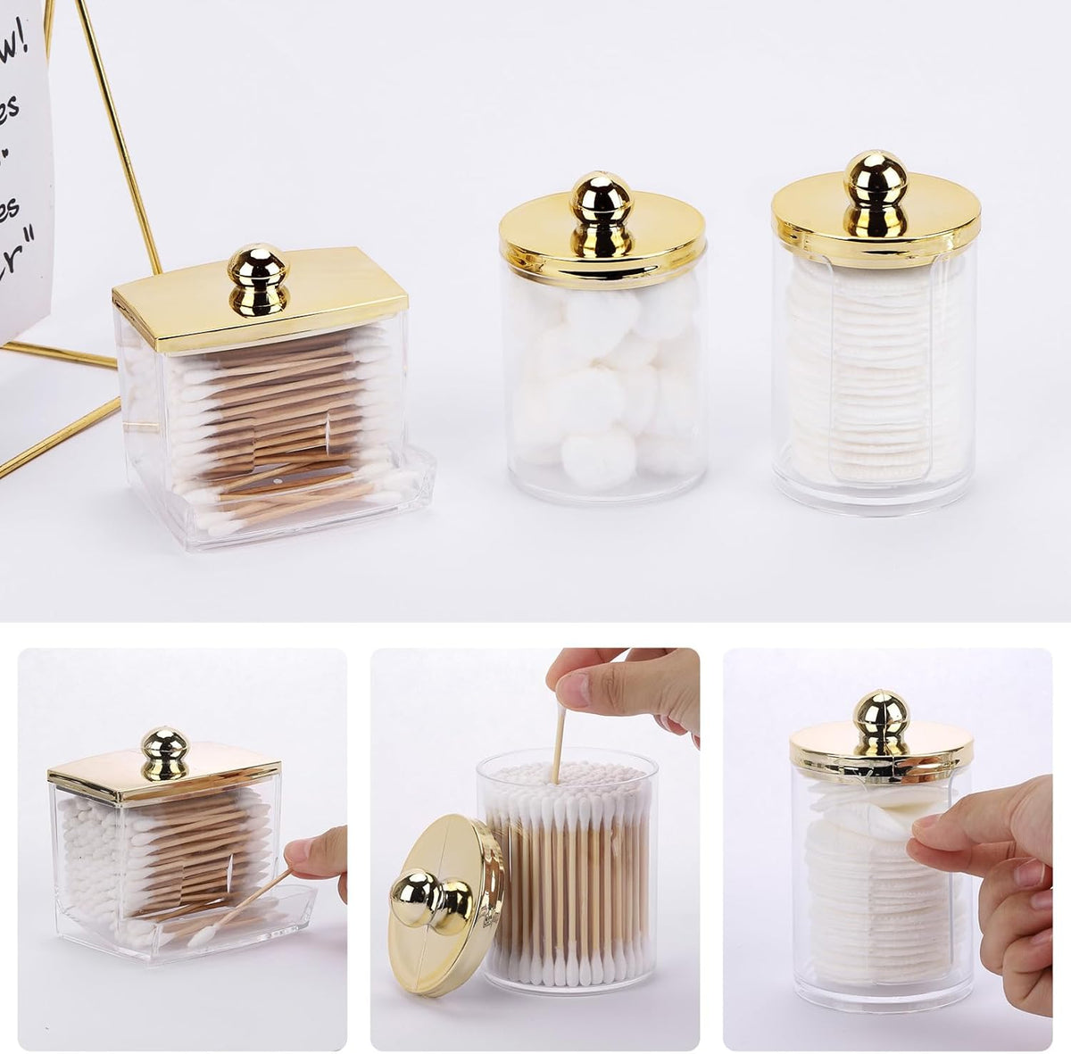 Tbestmax 3 Pack Qtips Dispenser - Bathroom Organizers and Storage Containers, Plastic Apothecary Jars with Gold Lids for Cotton Ball Swab Round Pads, Floss - Gold