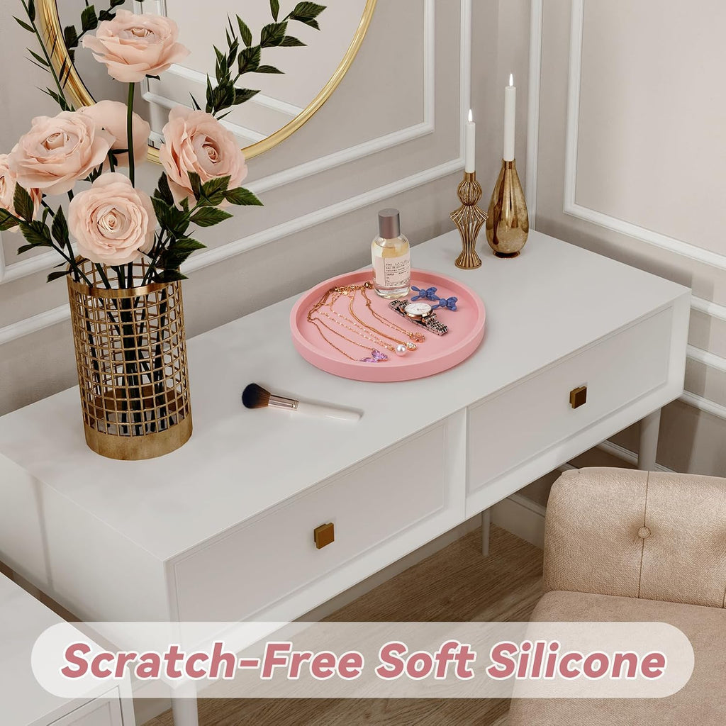 NiHome Silicone Bathroom Vanity Tray Round Perfume Organizer 8.35in Pink
