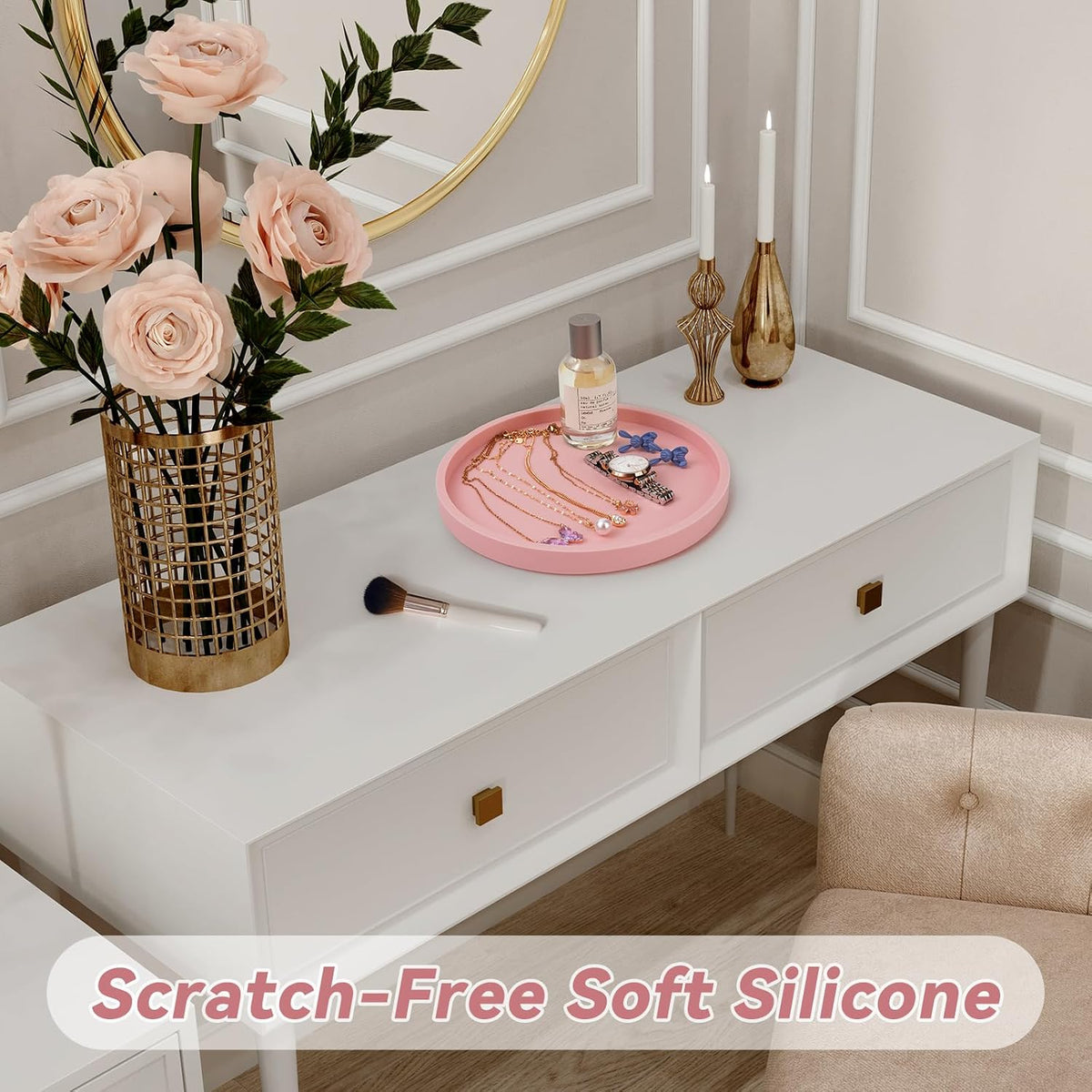 NiHome Silicone Bathroom Vanity Tray Round Perfume Organizer 8.35in Pink