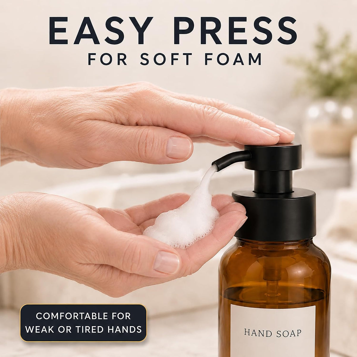 Amber Glass Foaming Soap Dispenser, 2 Pack, 8.5 Oz, Refillable