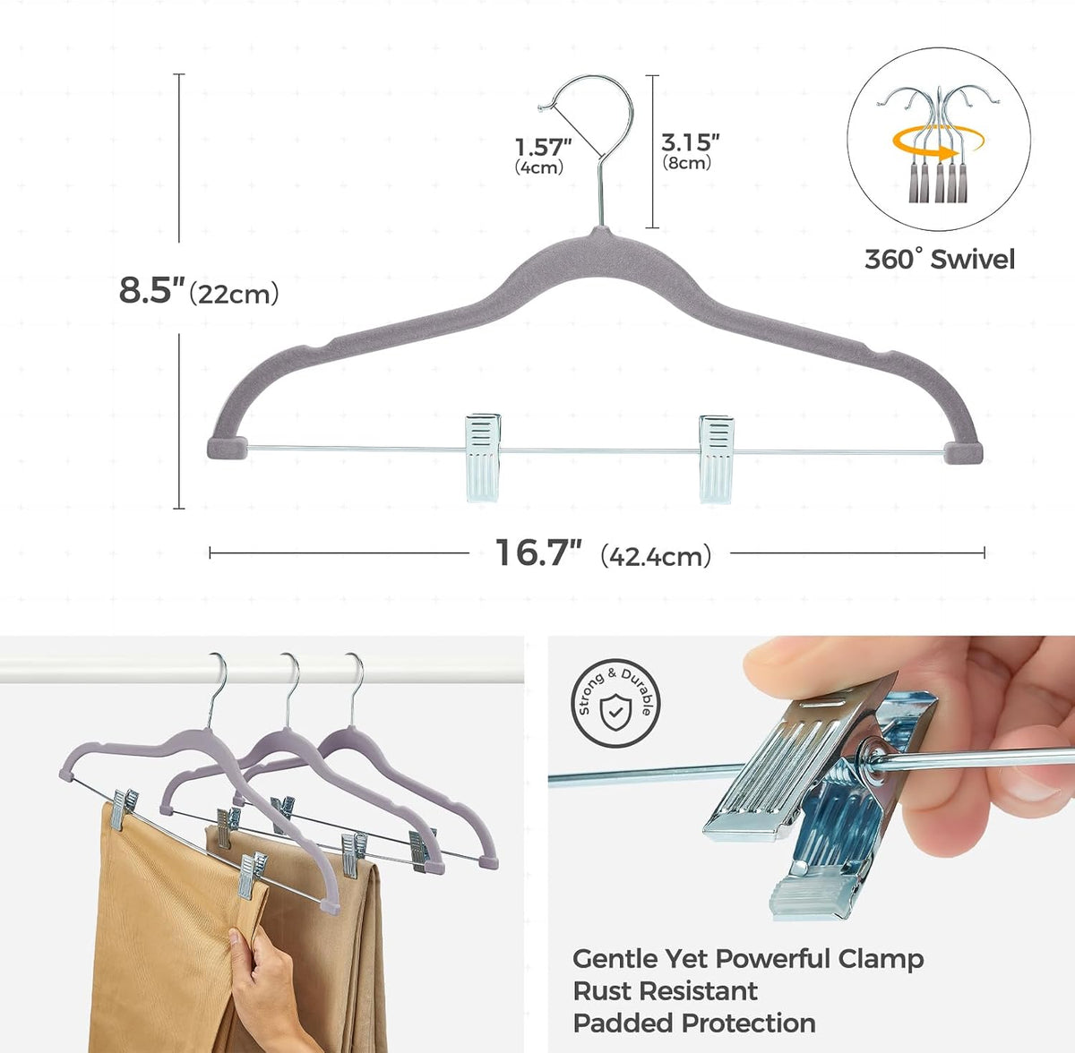 HOUSE DAY Velvet Pant Hangers with Adjudtable Clips 10 Pack, Gray