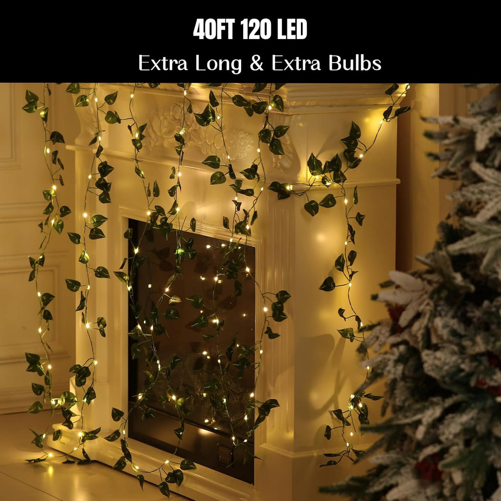 Extra Length 40ft 120 LED Vine with Fairy Lights Pothos String Lights USB Plugin & Battery Operated Leaf Lights with Timer 8 Modes Remote Decorative Light for Bedroom Graduation Party - Warm White
