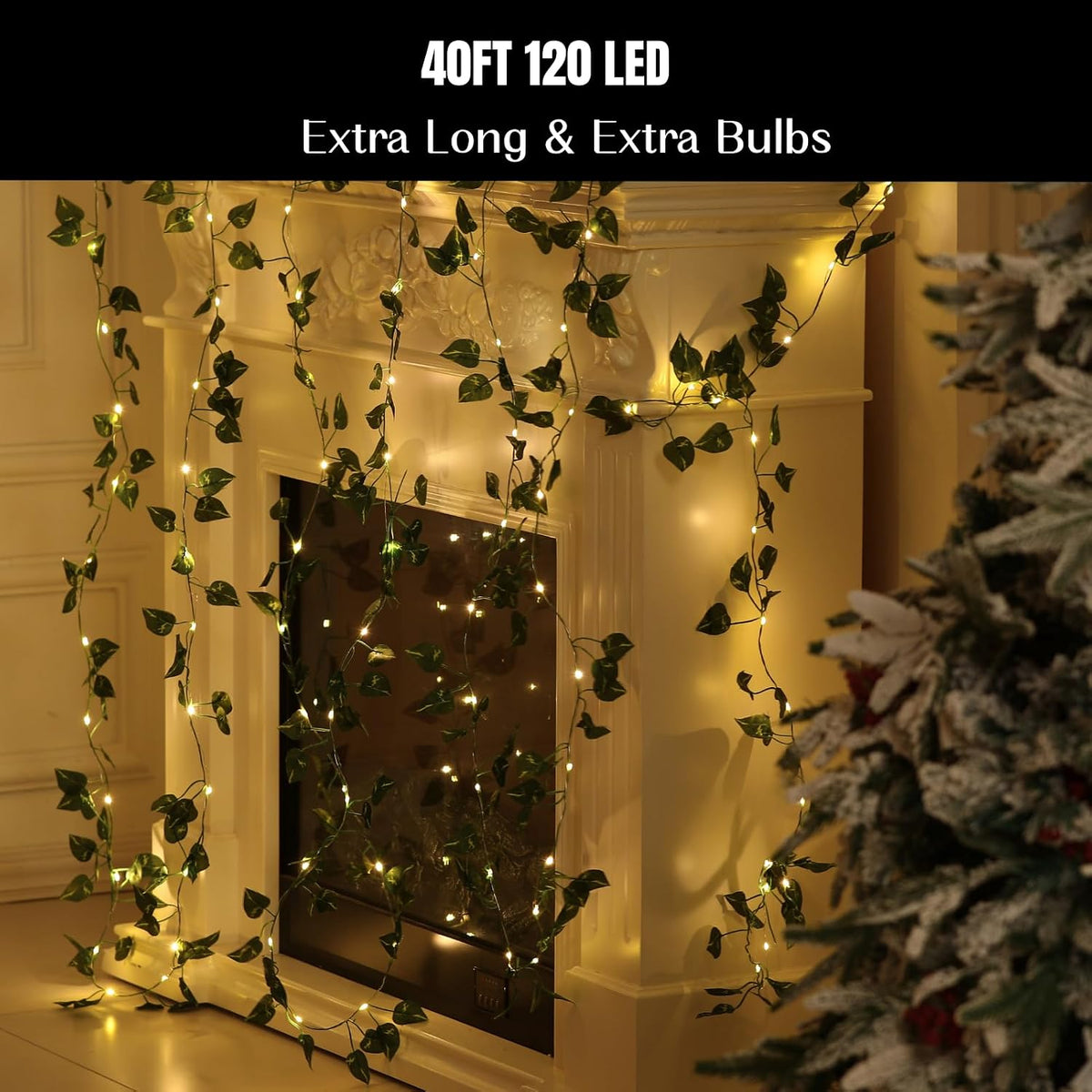 2 Pack Vines with Fairy Lights 40ft 120 LED Pothos String Lights USB Plugin & Battery Operated Leaf Lights with Timer 8 Modes Remote Decorative Light for Bedroom Wedding Party - Warm White