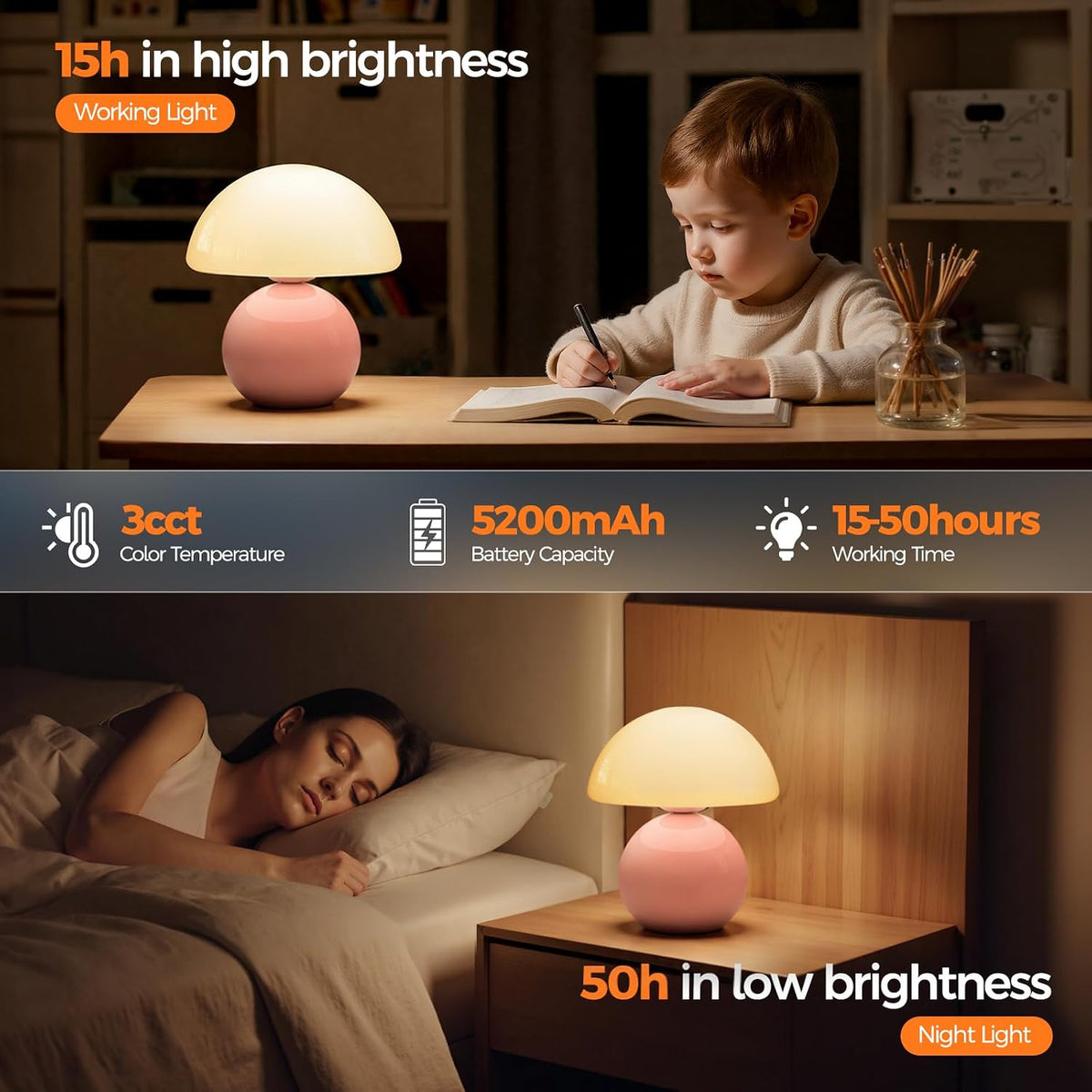 NIORSUN Mushroom Lamp Table Lamp for Bedroom, Portables Cordless Table Lamp,Wireless lamp,Small Bedside Table Touch Lamps for Living Room,Mini Mushroom 5200mAh Battery Operated Lamp Modern Pink