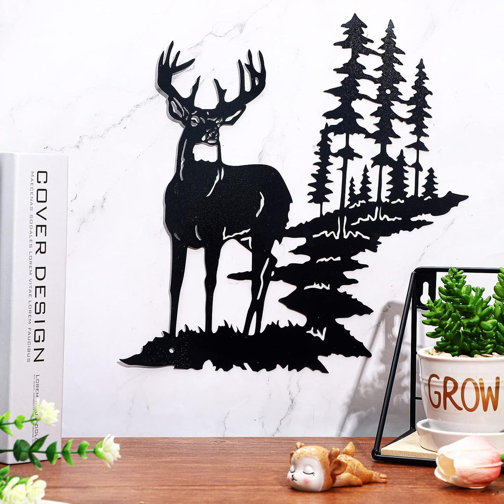 Moxweyeni Metal Deer Wall Art Forest Trees Rustic Hunting,Black