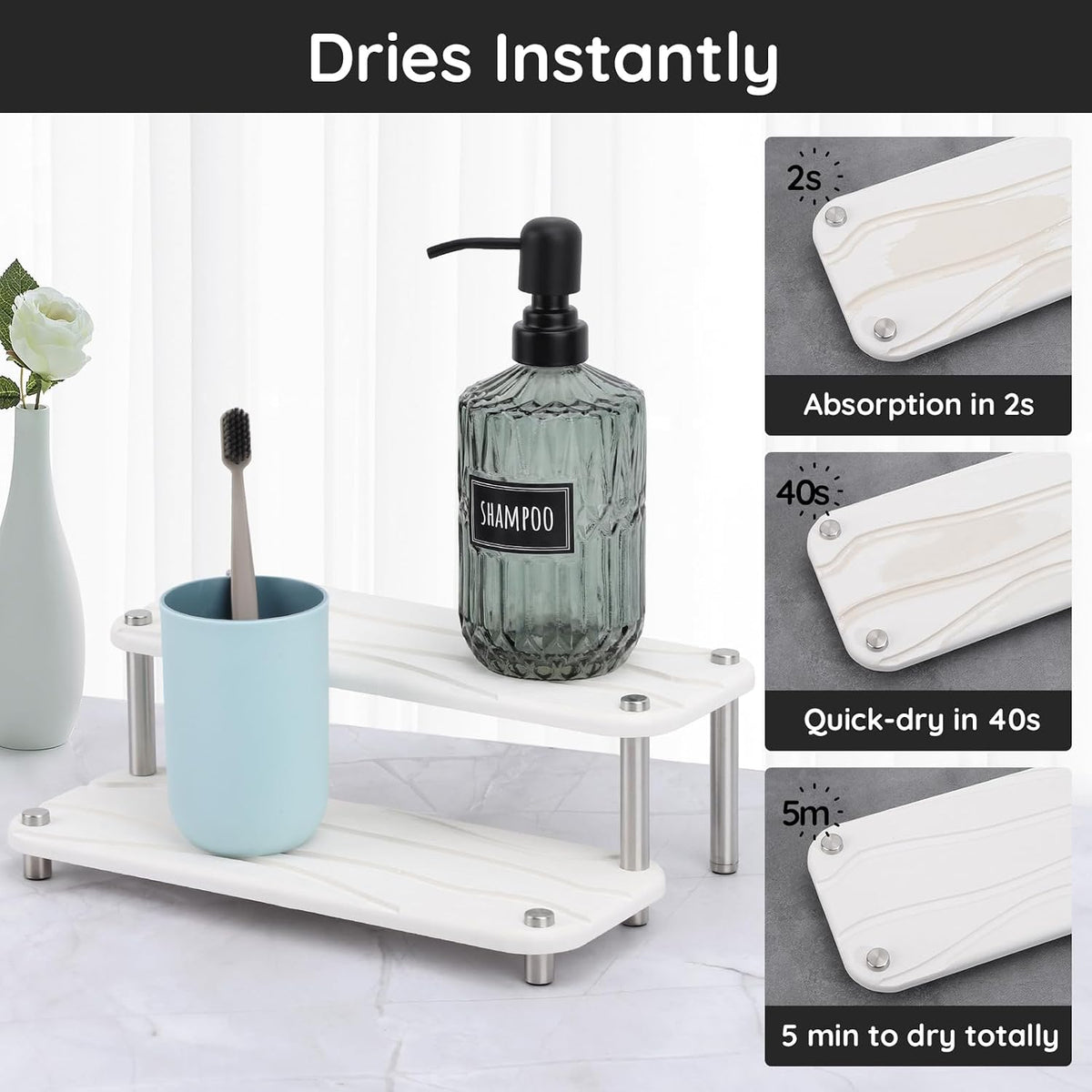 Segbeauty 2 Tier Fast Dry Diatomaceous Vanity Tray, 11x4.3in Water Absorbing Stone Drying Tray, Quick Drying Bathroom Counter Dish Soap Dispenser Rack, Kitchen Counter Sink Organizer Sponge Holder