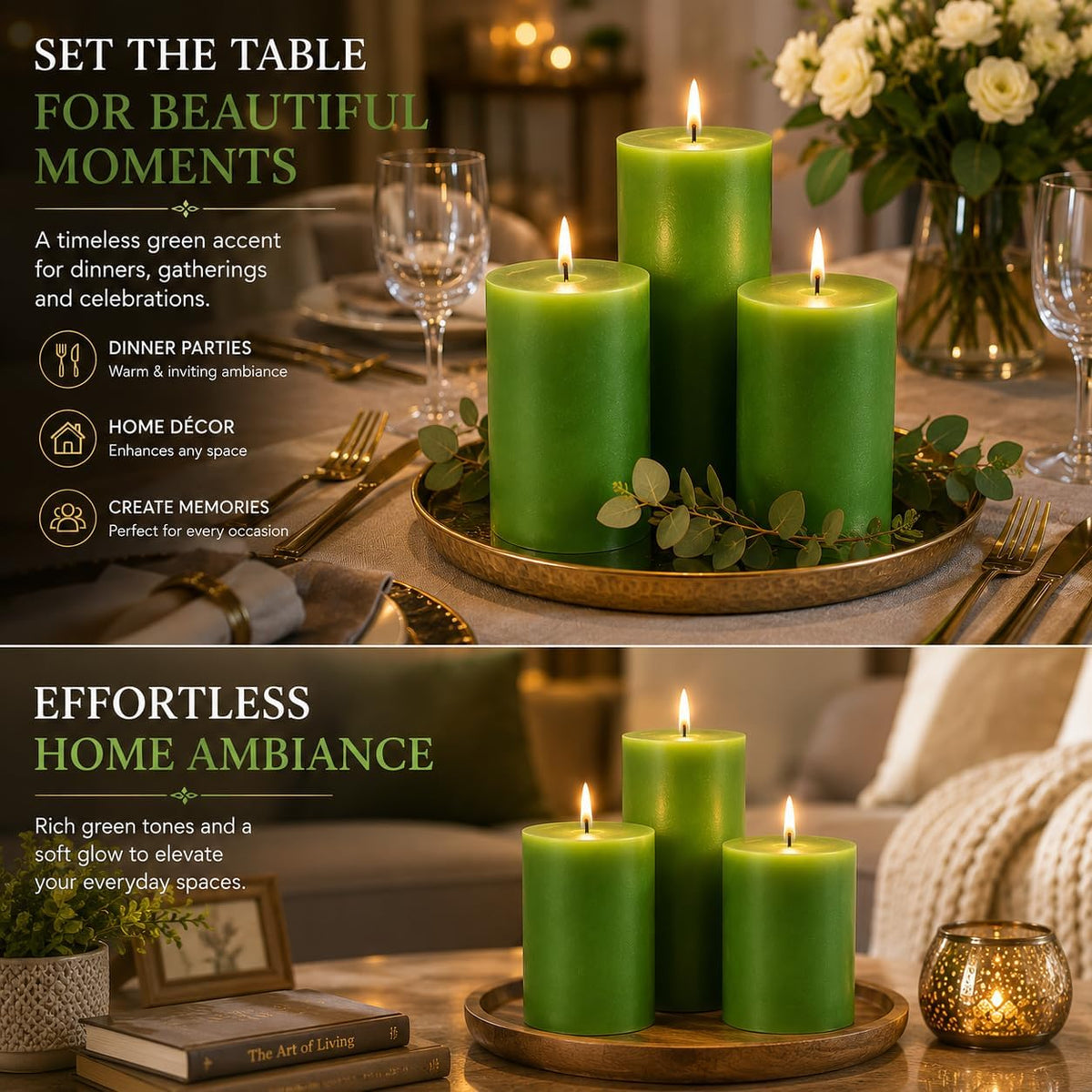Dinil Green Pillar Candles 3x6 Inch, Set of 3 Unscented Dripless Smokeless Candles, 65+ Hour Burn Time for Wedding Centerpiece, Dinner Table & Home Decor