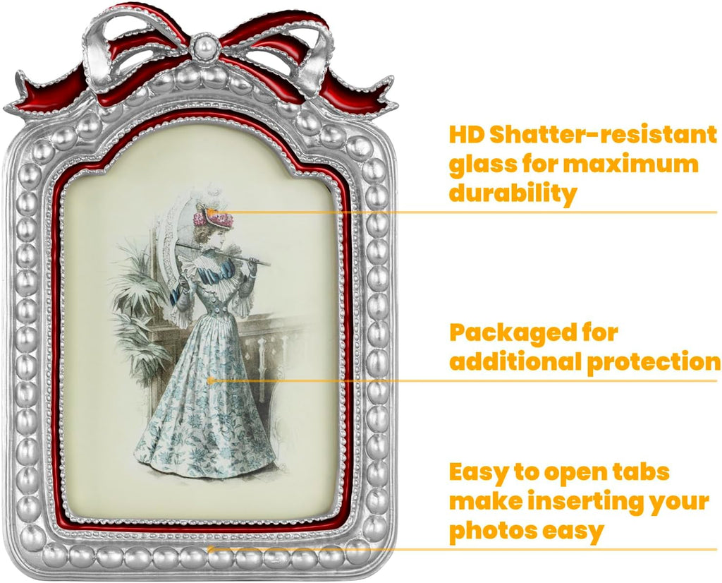 GUOER Vintage 5x7 Picture Frame with Bow Antique Ornate Table Top and Wall Mounting Photo Frame with High Definition Glass Front for Home Decor, Photo Gallery, Art(5x7, Silvery & Red)