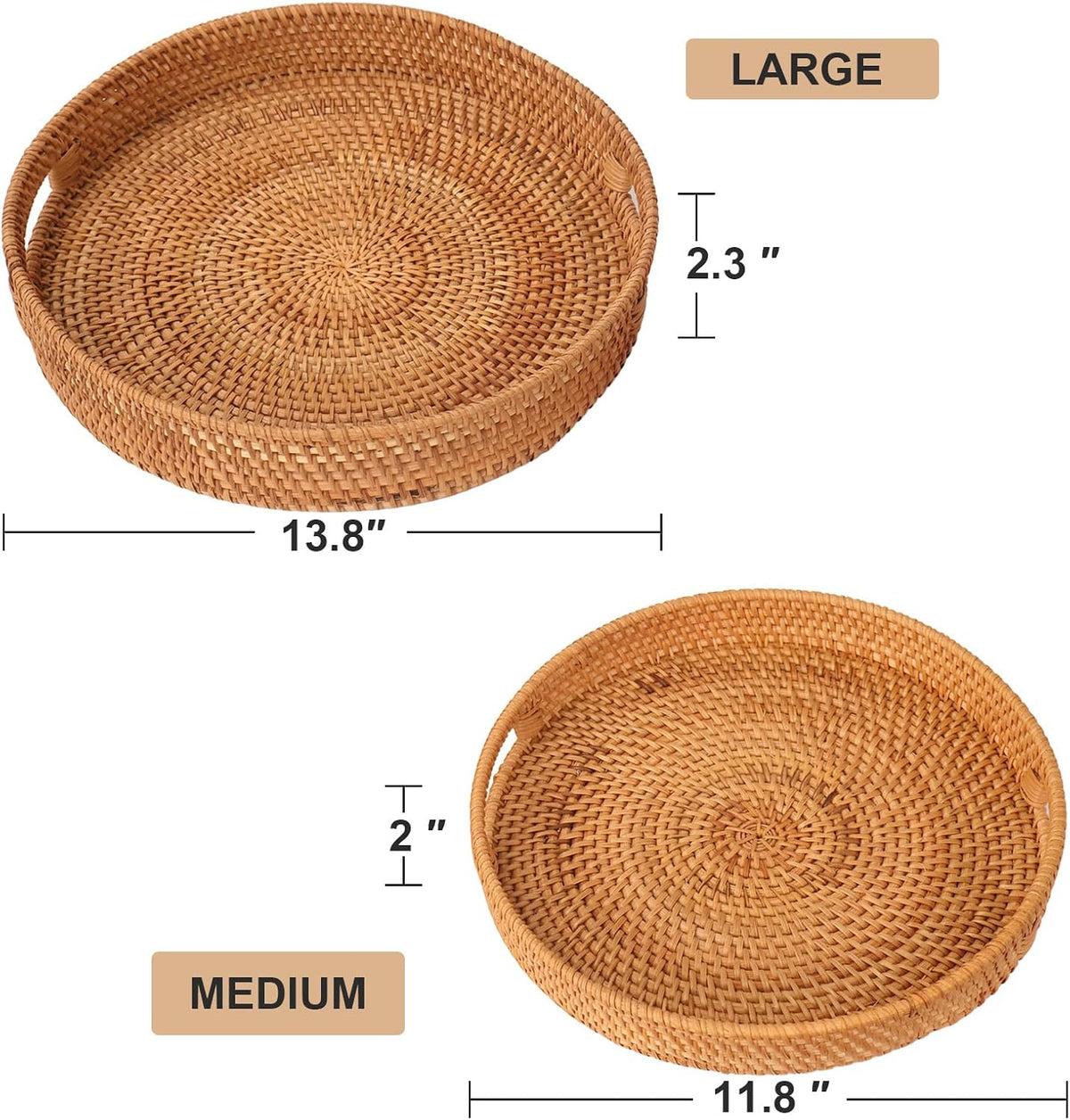 Round Rattan Serving Tray, Natural Wicker Decorative Tray for Serving, Fruit/Bread Serving Basket, Round Woven Tray with Handles.(Large:13.8inch)