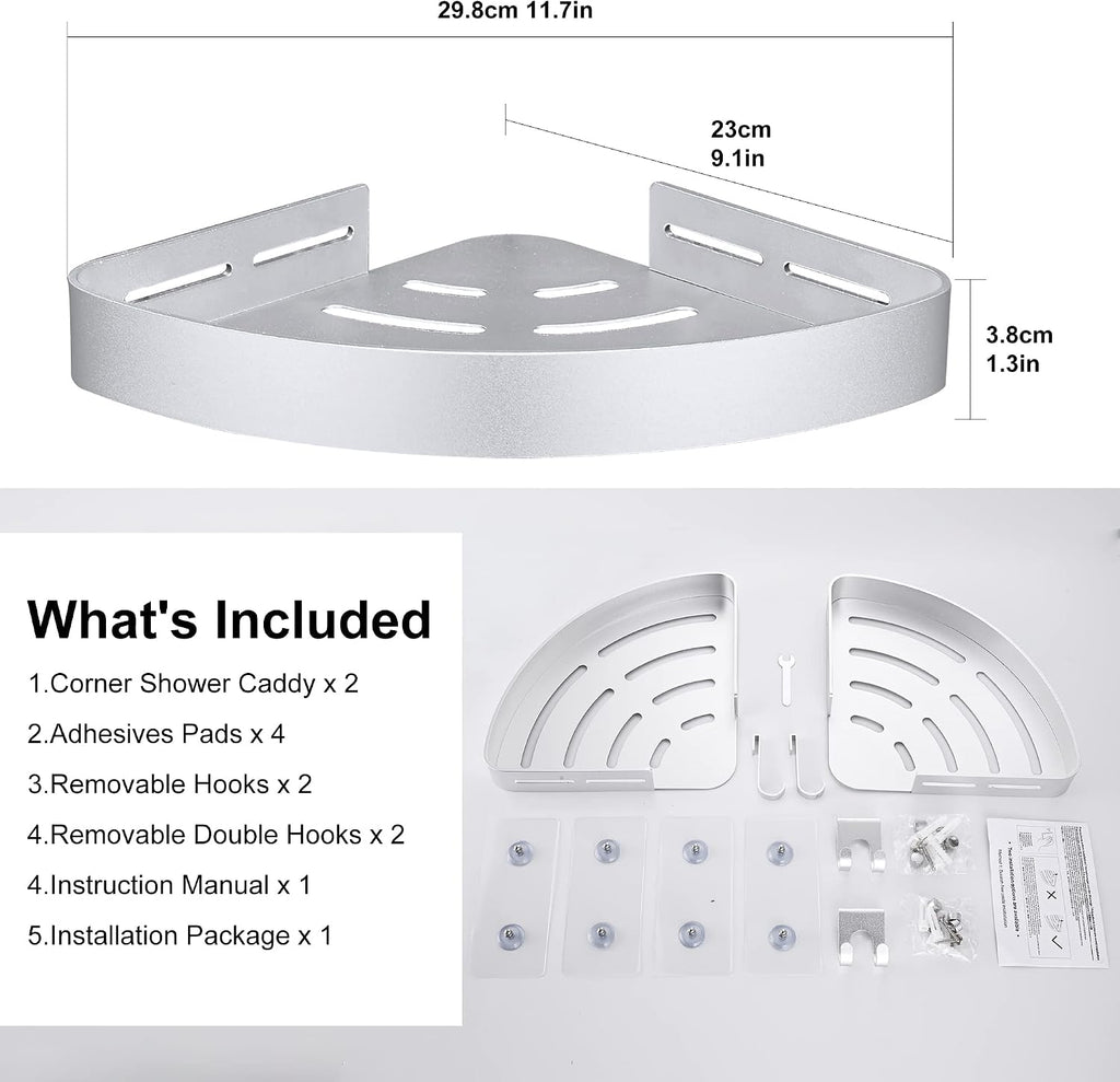 DUFU Adhesive Corner Shower Caddy with Hooks, Silver, 2 Pack