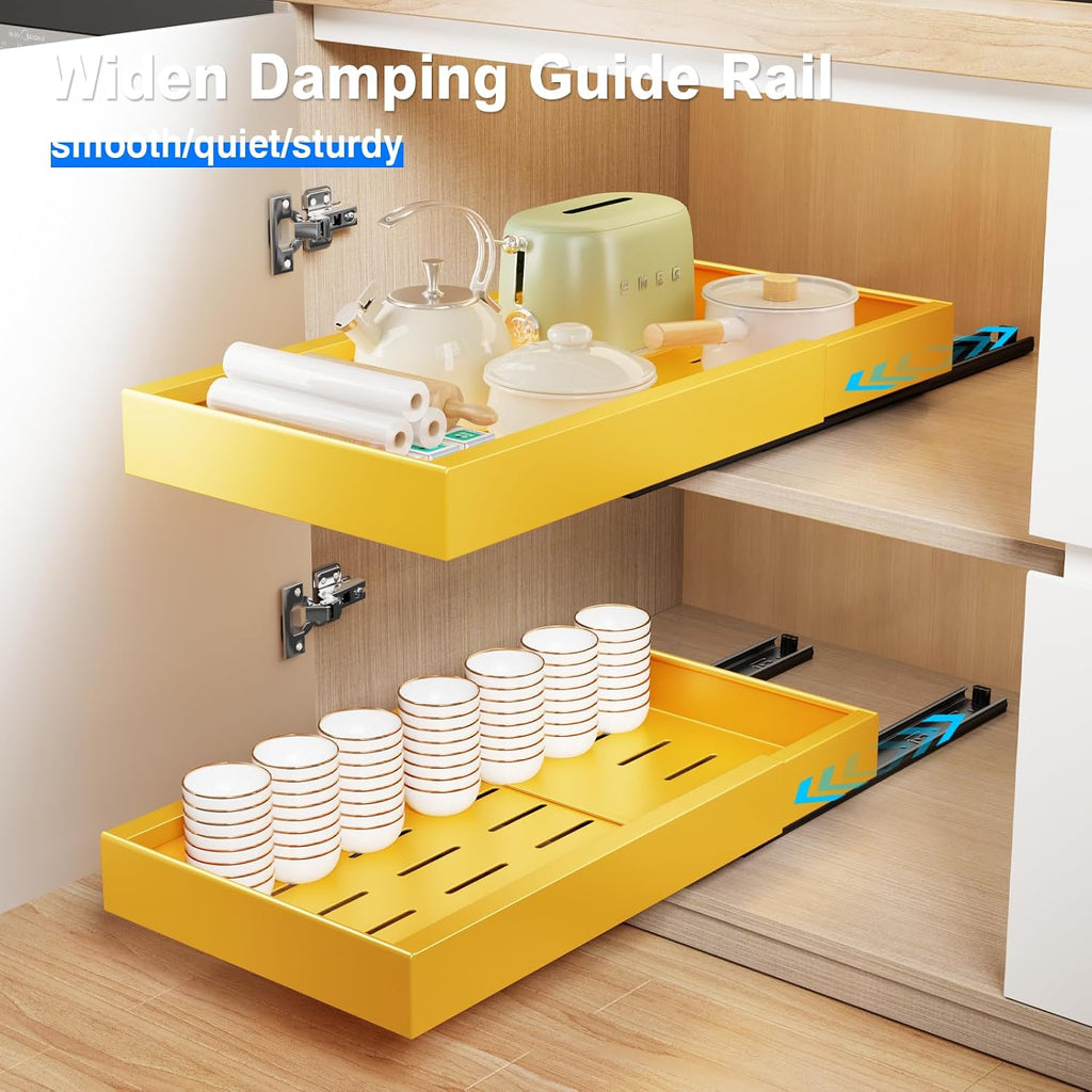 Mustorn 2 Pack Pull Out Cabinet Organizer,21.8" Deep Slide Out Drawer for Cabinets Adhesive Pull Out Drawers Heavy Duty Pull Out Shelves for Kitchen,Cupboard,Pantry,Bathroom-Yellow