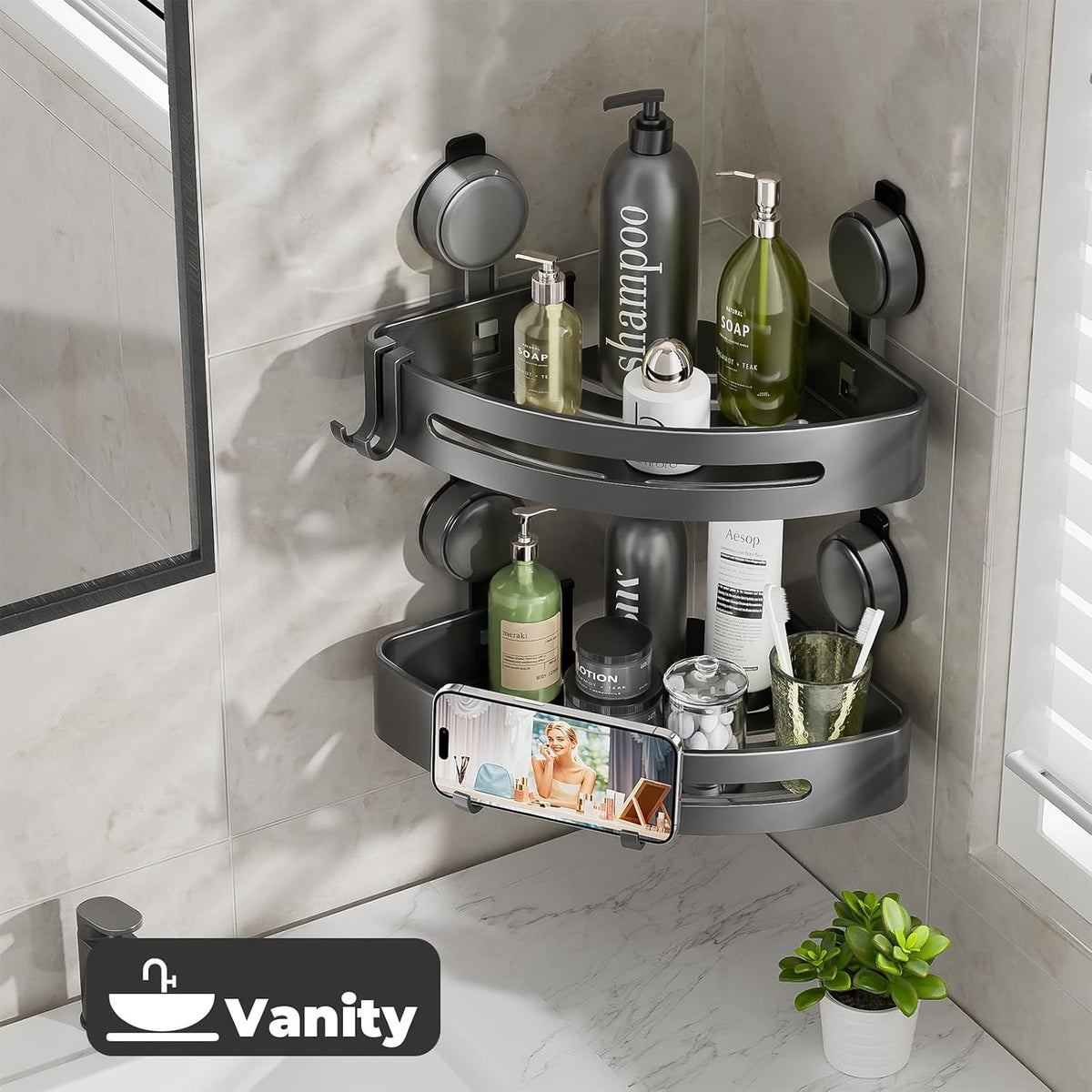 Corner Shower Caddy Suction Cup,Shower Shelves with Hooks,No Drilling Powerful Upgrade Suction Bathroom Corner Organizers and Storage,Removable Waterproof Rustproof Shower Shelf Bathroom Decor(1)