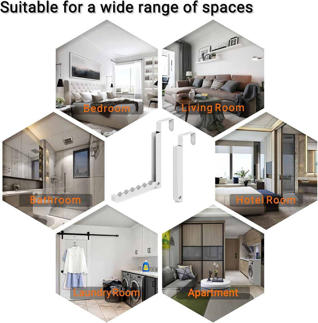 2 Pack Over The Door Hooks, 6 Hooks Foldable Door Hanger Clothes Drying Rack, Portable Space Saving Organizer for Entryway Bedroom Laundry Room Travel, White