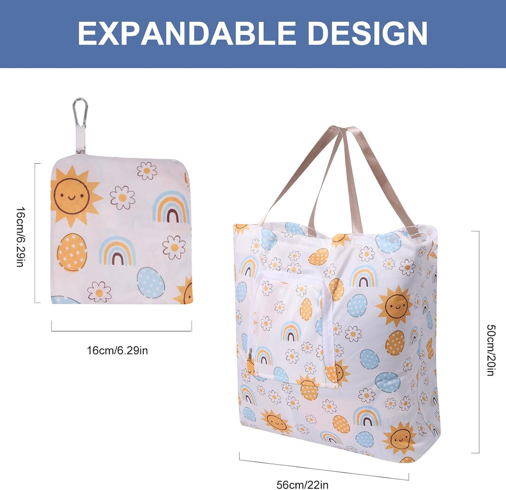 2 Pack Travel Laundry Bag with Handle and Drawstring, Expandable Foldable Dirty Clothes Bags with Hook and Zipper, 23*20 inch, Cartoon 3 White + Blue