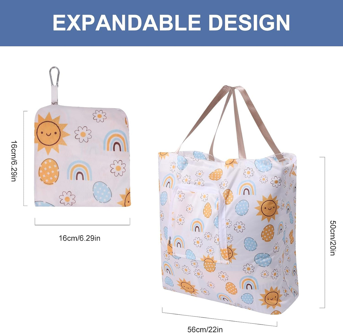 2 Pack Travel Laundry Bag with Handle and Drawstring, Expandable Foldable Dirty Clothes Bags with Hook and Zipper, 23*20 inch, Cartoon 3 White + Blue