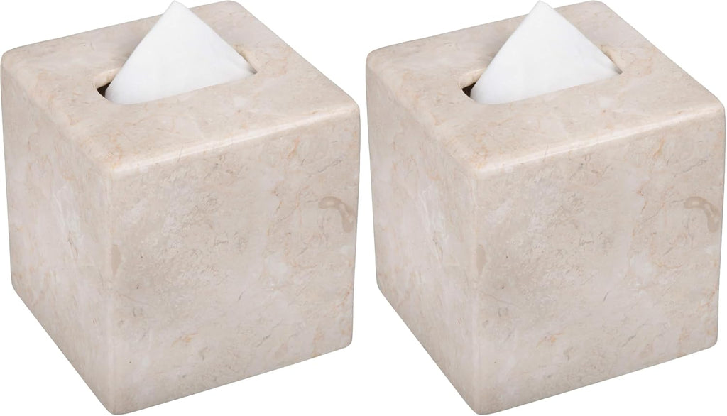 Creative Home Natural Marble Tissue Box Cover, Square Beige Tissue Holder, 5.4 x 5.4 x 5.6 H Inch (Pack of 2)