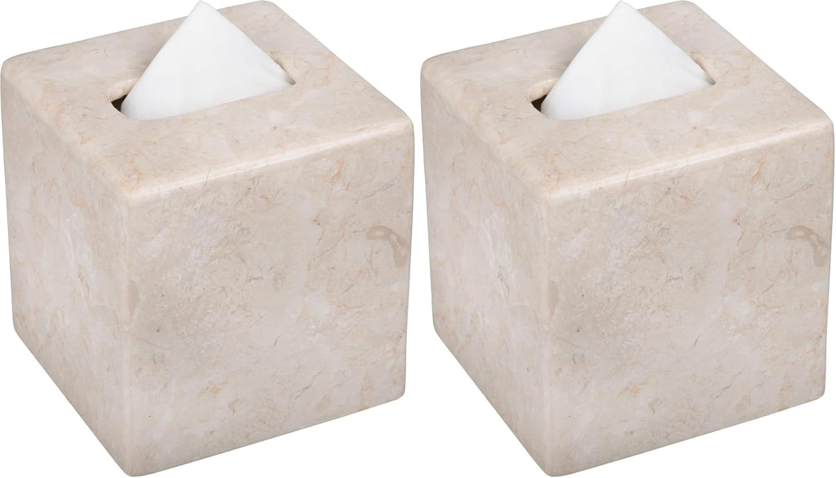 Creative Home Natural Marble Tissue Box Cover, Square Beige Tissue Holder, 5.4 x 5.4 x 5.6 H Inch (Pack of 2)
