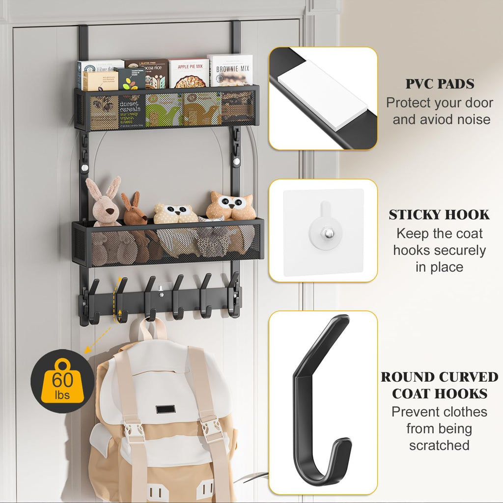 LUCYCAZ Over The Door Hooks Organizer,Door Hanger with 10 Hooks & 2 Basket