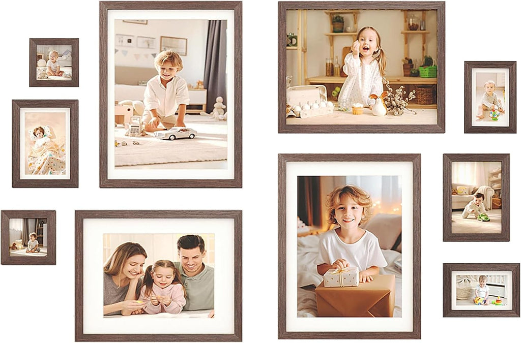Egofine Picture Frame Set 10 Pack, Picture Frames Collage Wall Decor with Two 12x16,Two 11x14,Two 5x7,Two 4x6,Two 4x4 for Wall and Tabletop, Made of Solid Wood, Covered by Plexiglass, Rustic Brown