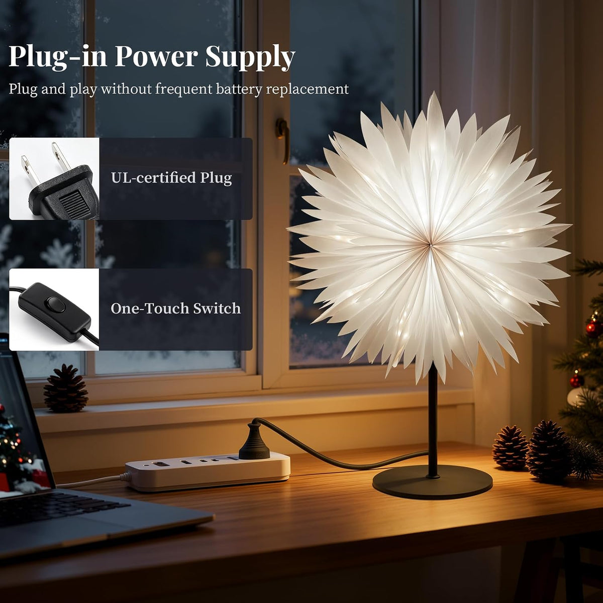 Lewondr 3D Christmas Paper Star Table Lamp, Translucent Feather, White