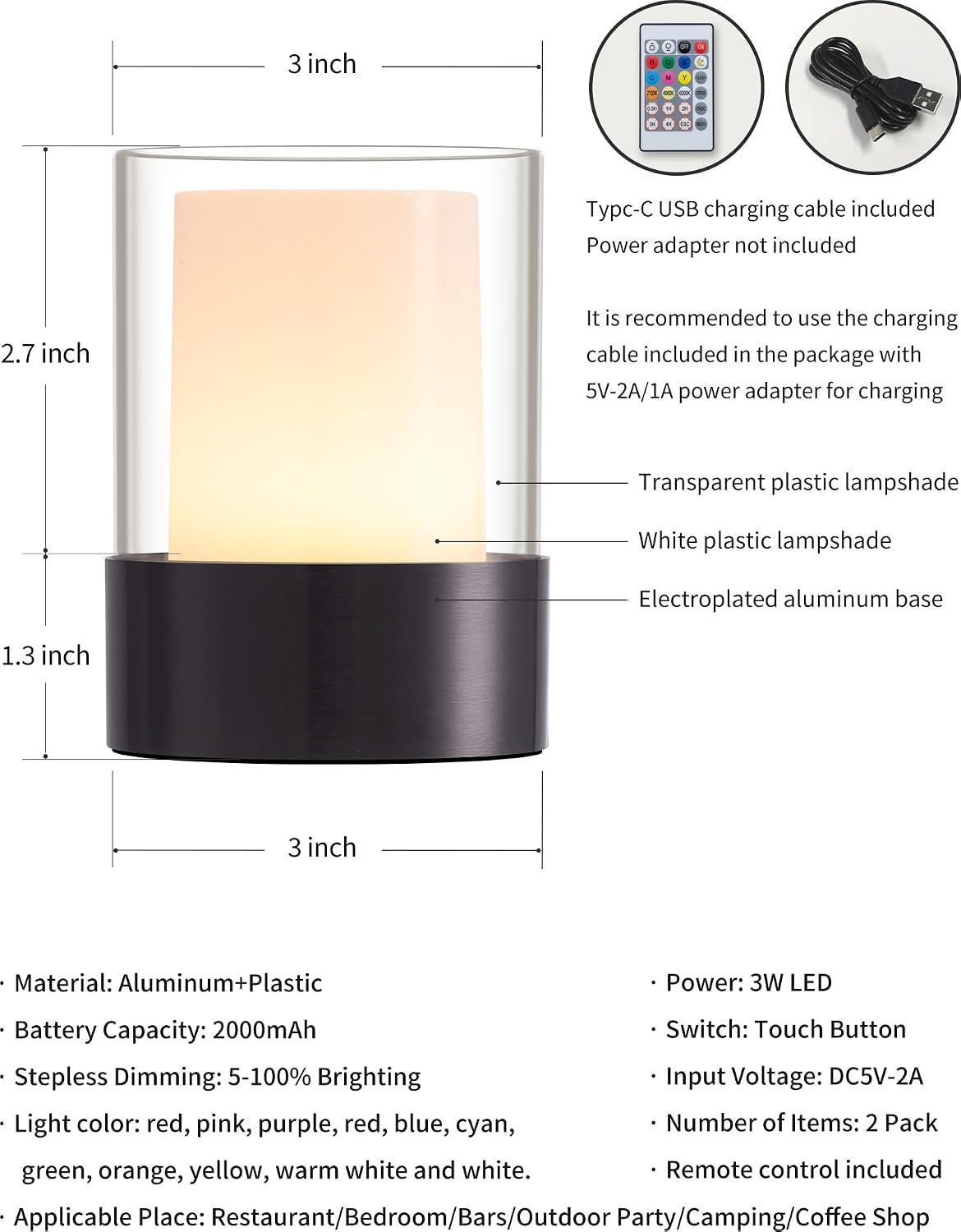 4" RGB Black Cordless Table Lamp 2, Small Outdoor Rechargeable Lamp