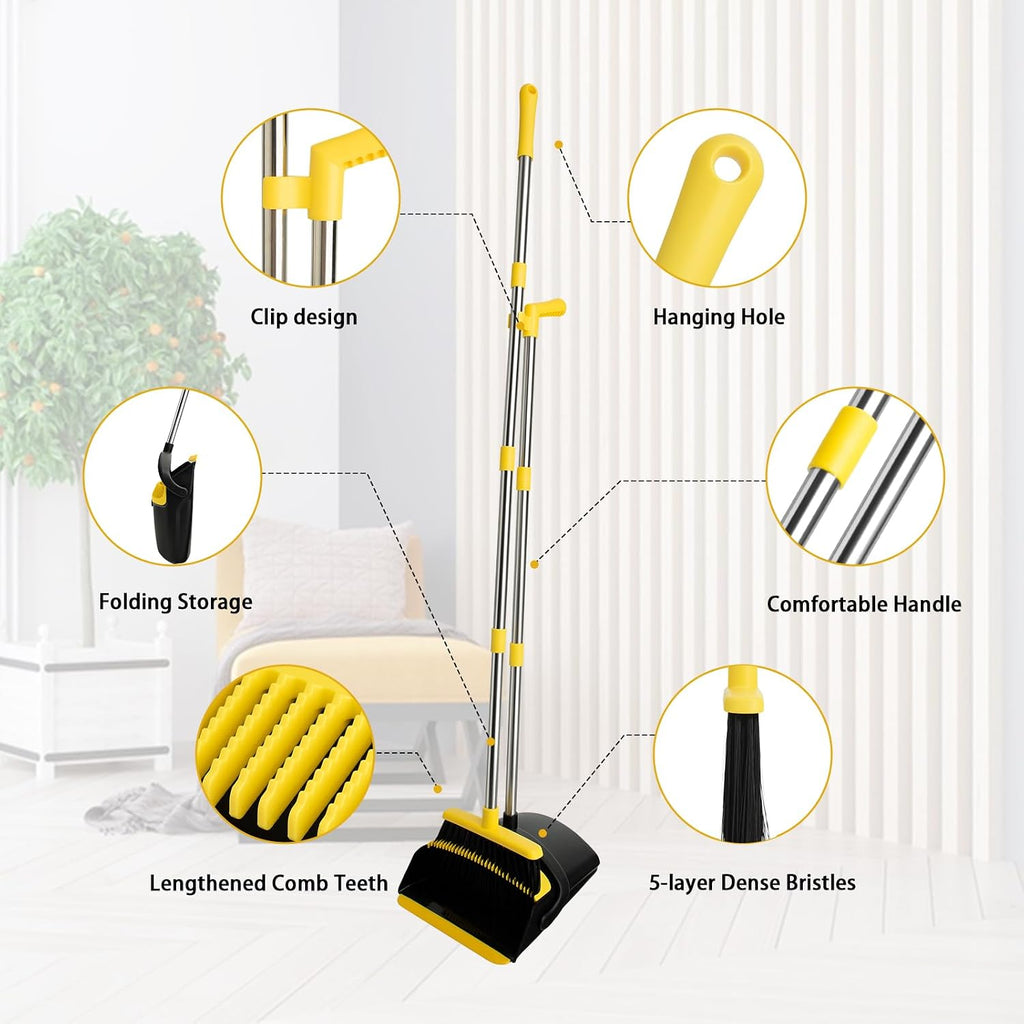 Broom and Dustpan Set,Long Handle,Black Yellow