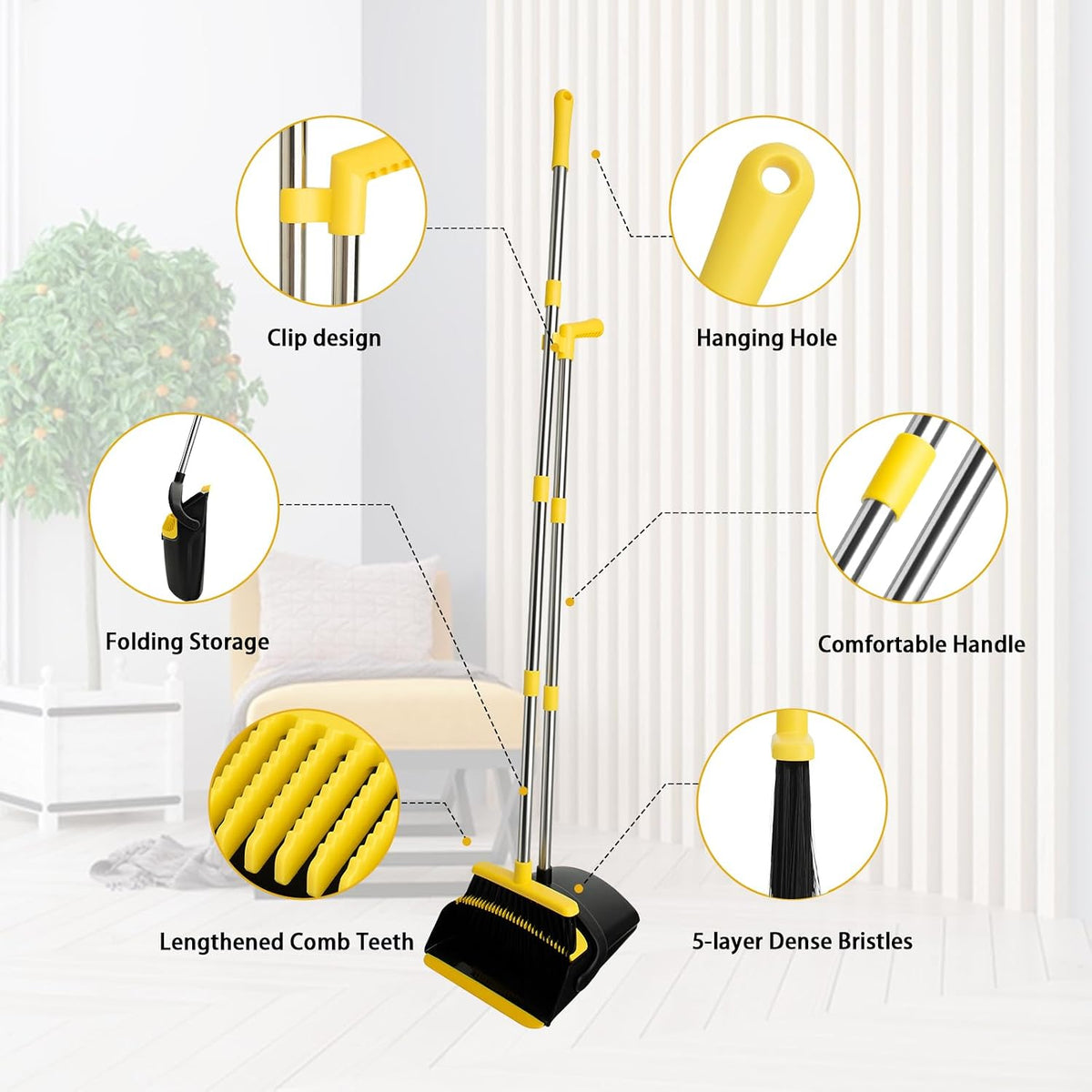 Broom and Dustpan Set,Long Handle,Black Yellow